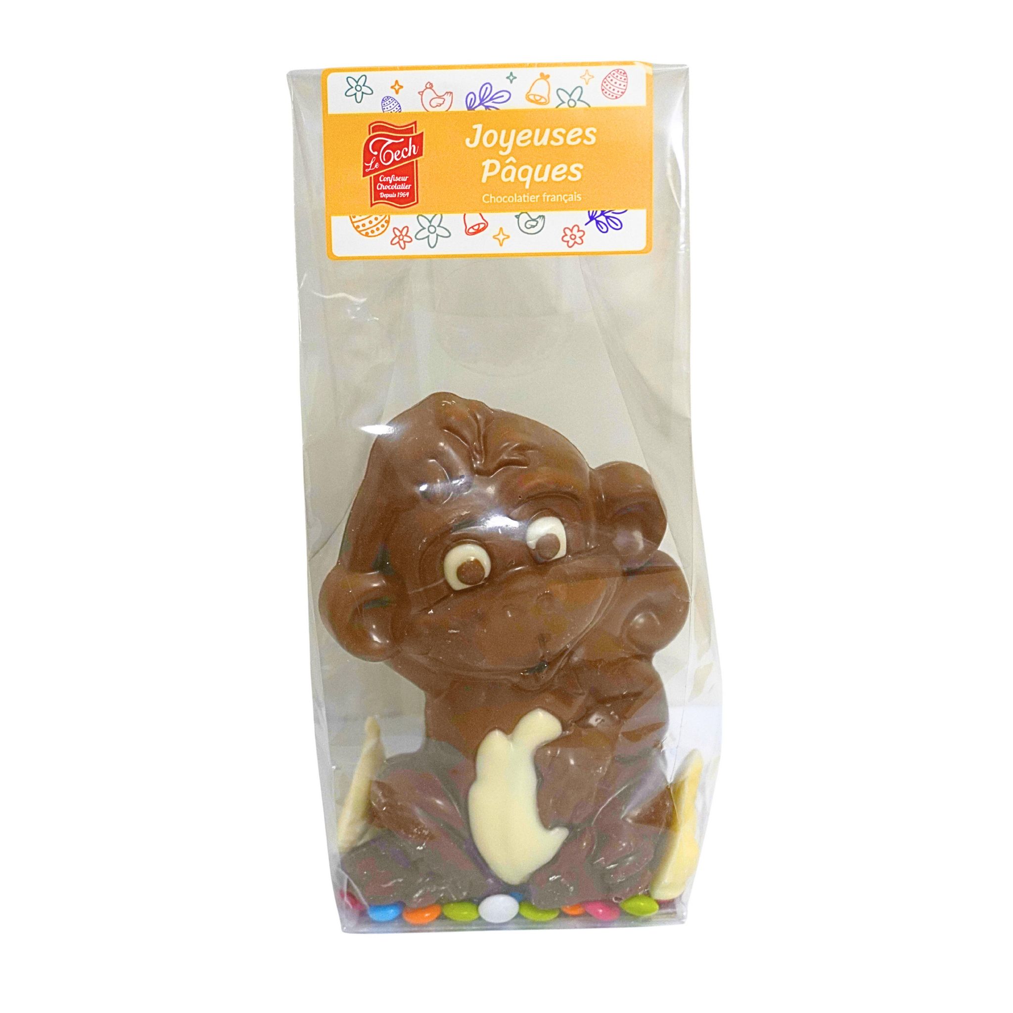 LE TECH Diego le singe en chocolat au lait décoré de chocolat blanc et dragées au chocolat au lait 130g