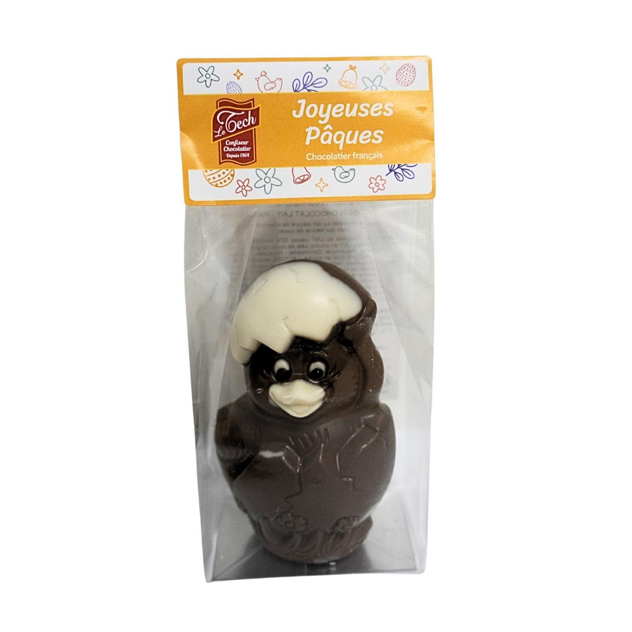 LE TECH Poussin en chocolat noir décoré de chocolat blanc 70g