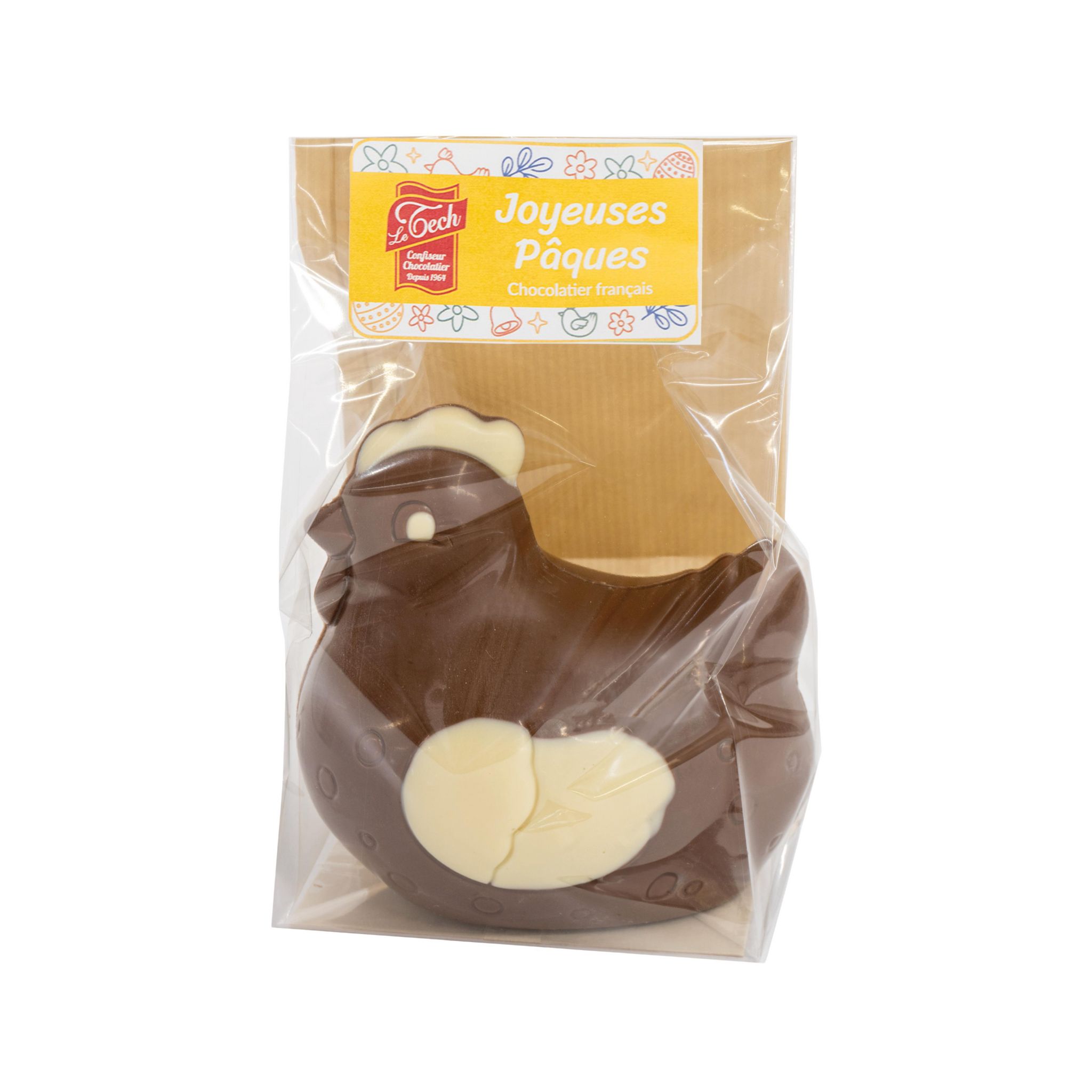 LE TECH Poule en chocolat au lait décorée de chocolat blanc 110g