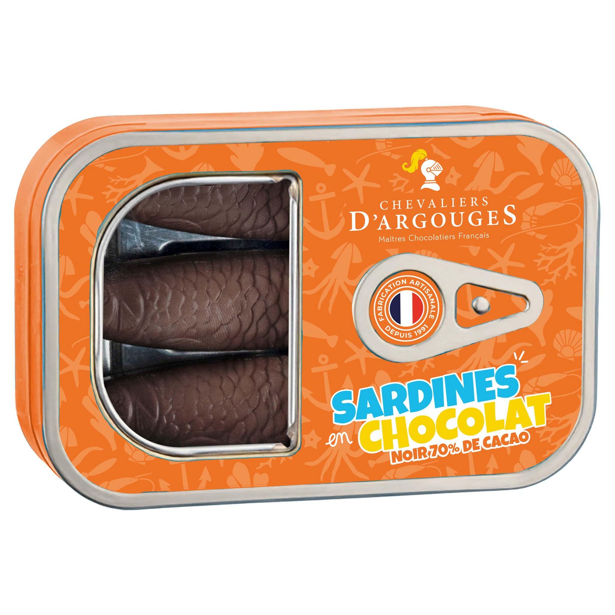 CHEVALIERS D'ARGOUGES Boite en fer garnie de sardines en chocolat noir 70% cacao 80g