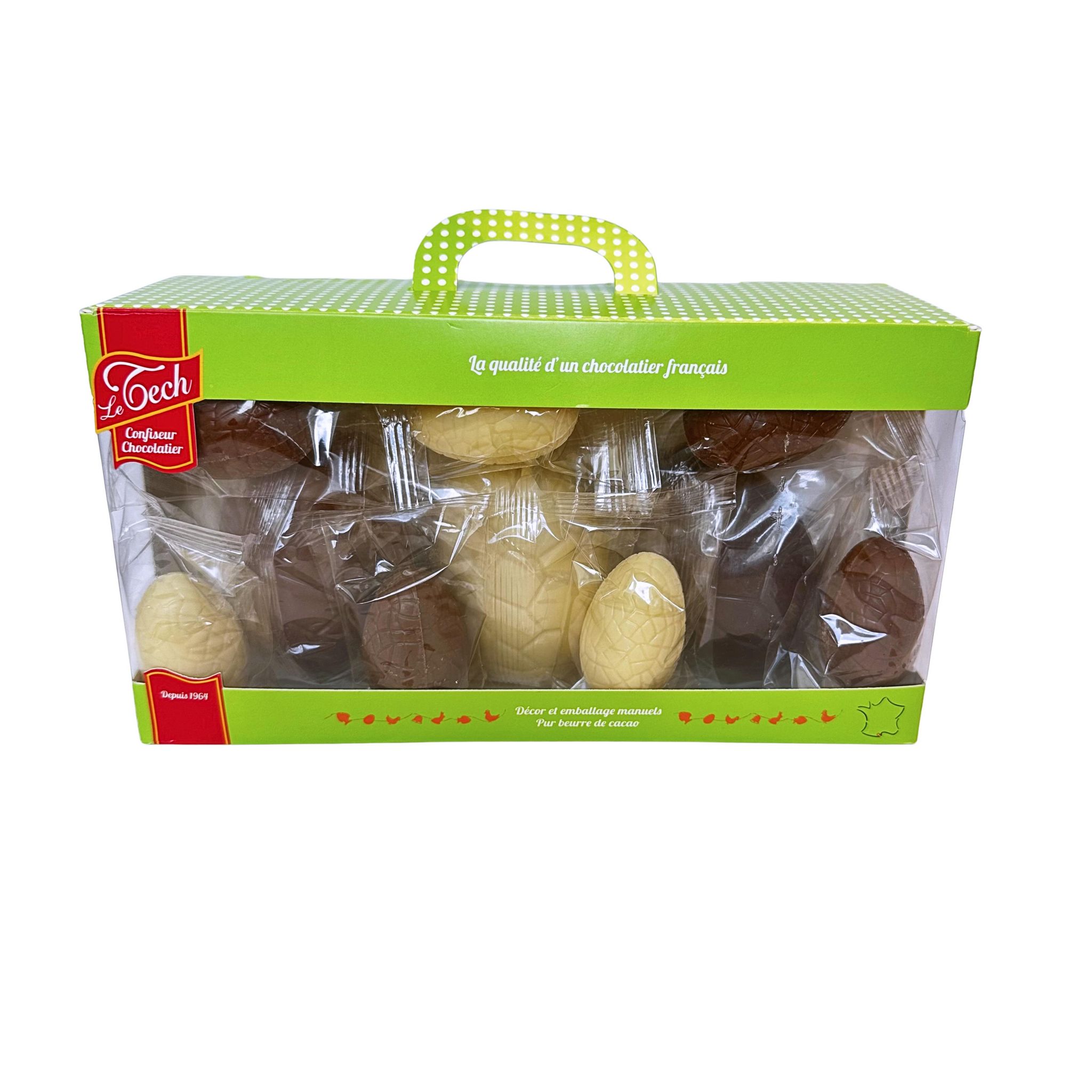 LE TECH Panier avec un assortiment d'oeufs en chocolat au lait, blanc et noir 240g
