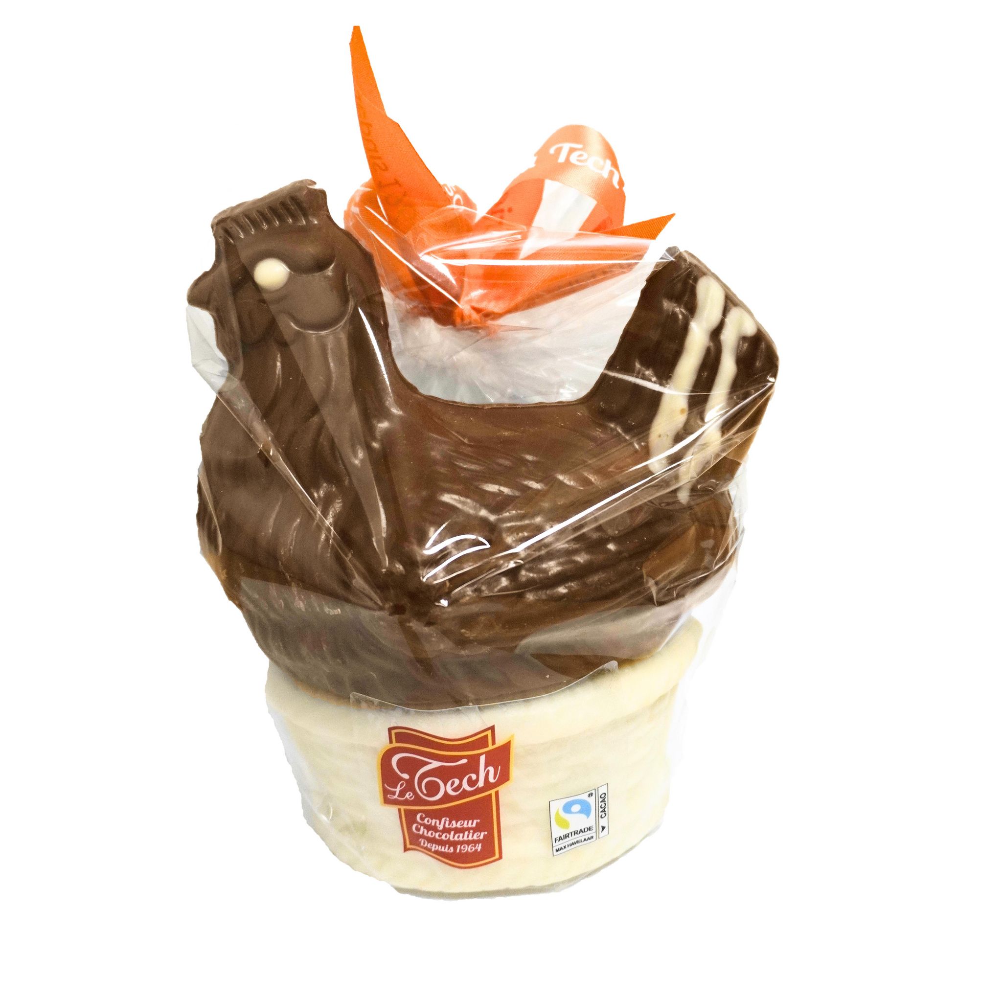 LE TECH Poule en chocolat au lait 32% de cacao et chocolat blanc décoré 200g