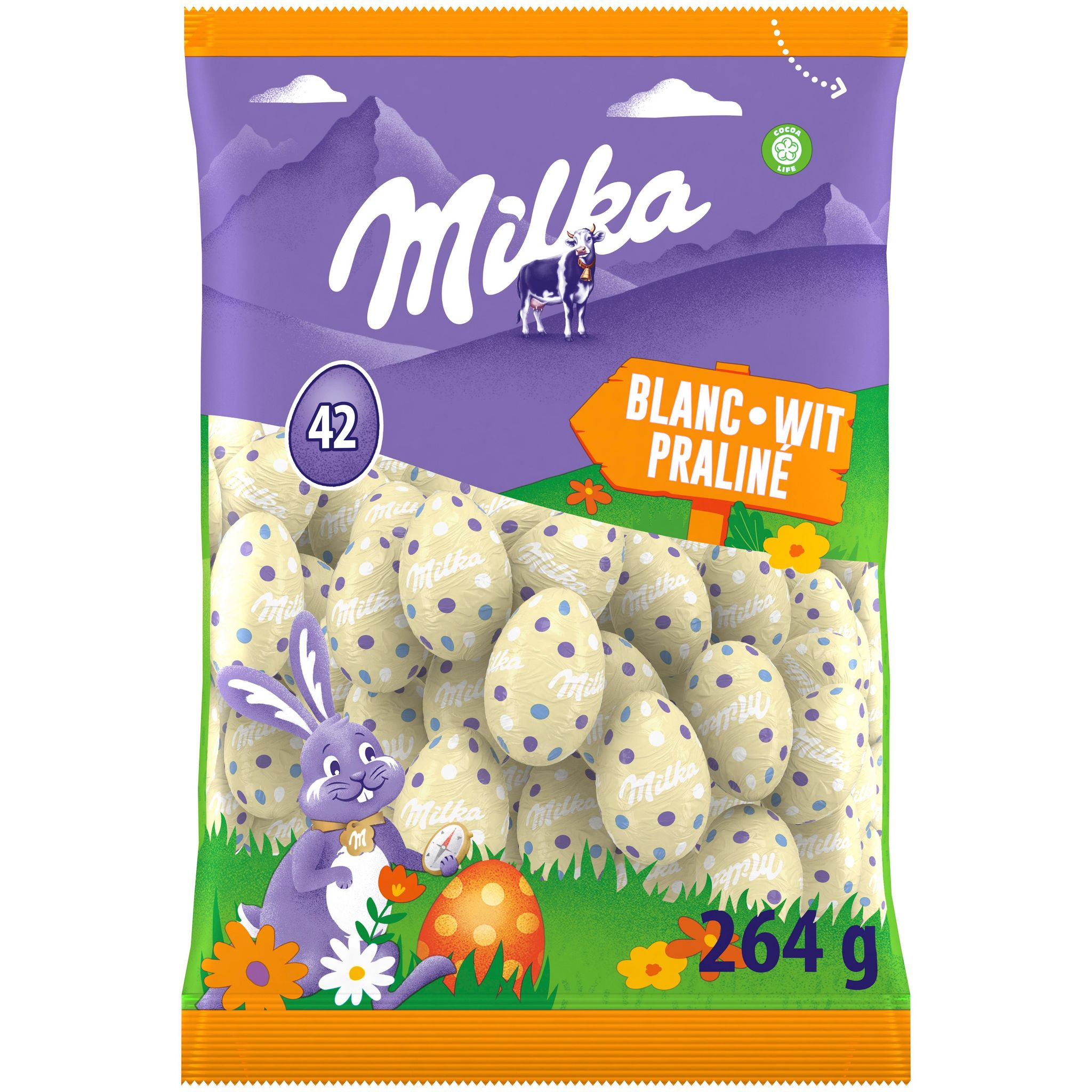 MILKA Oeufs de chocolat blanc fourrés au praliné noisette 42 oeufs 264g