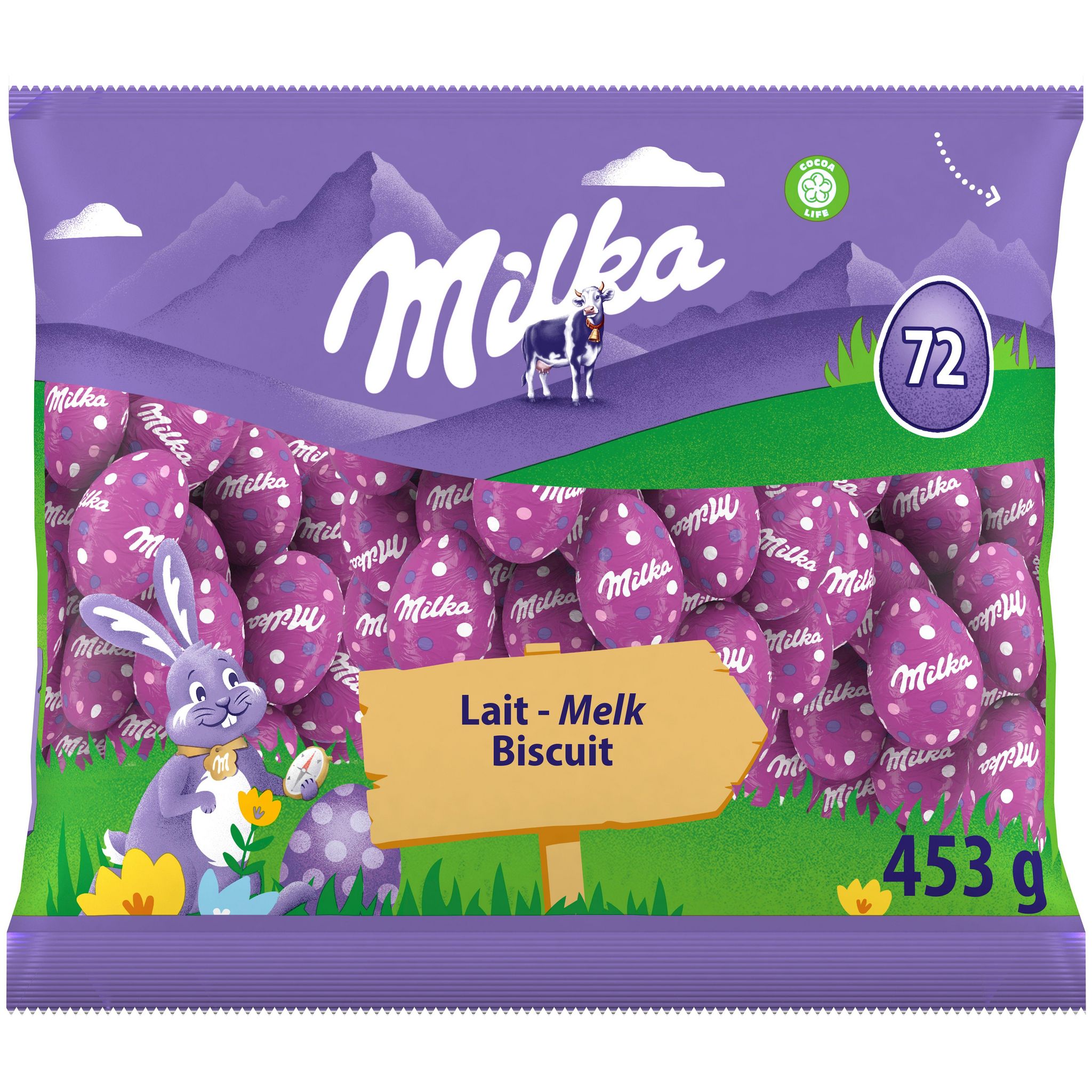 MILKA Oeufs fourrés au chocolat au lait et crème confiseur avec éclats de céréales croustillantes 72 oeufs 453g