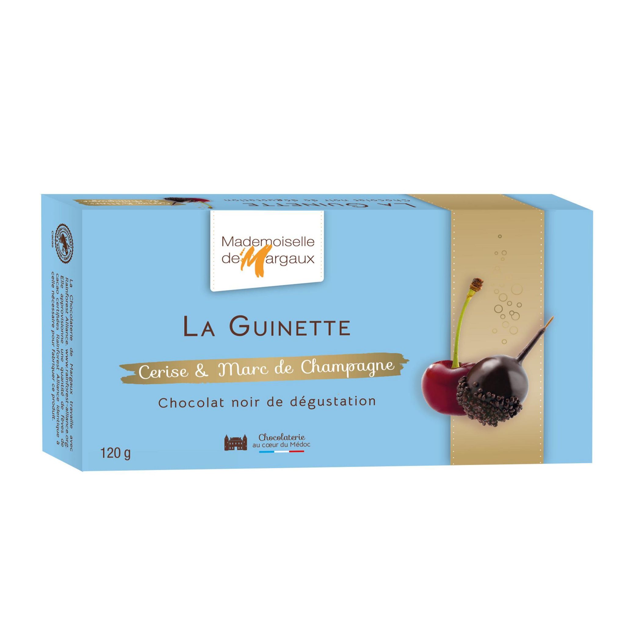 MADEMOISELLE DE MARGAUX Griottes à l'alcool dans un fondant au Marc de Champagne enrobées de chocolat noir 120g