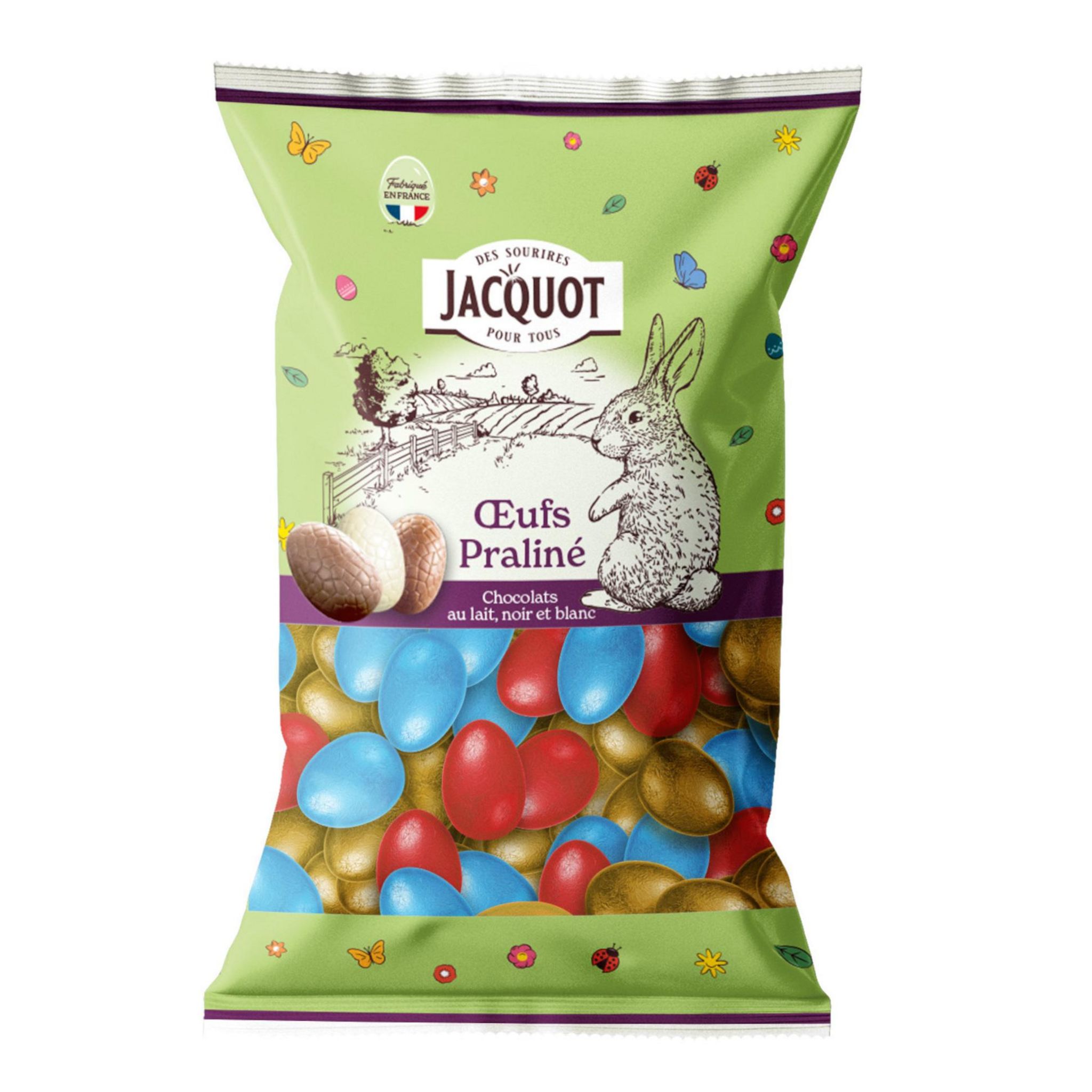 JACQUOT Assortiment d'oeufs de chocolat au praliné trois chocolats lait, blanc et noir 1kg