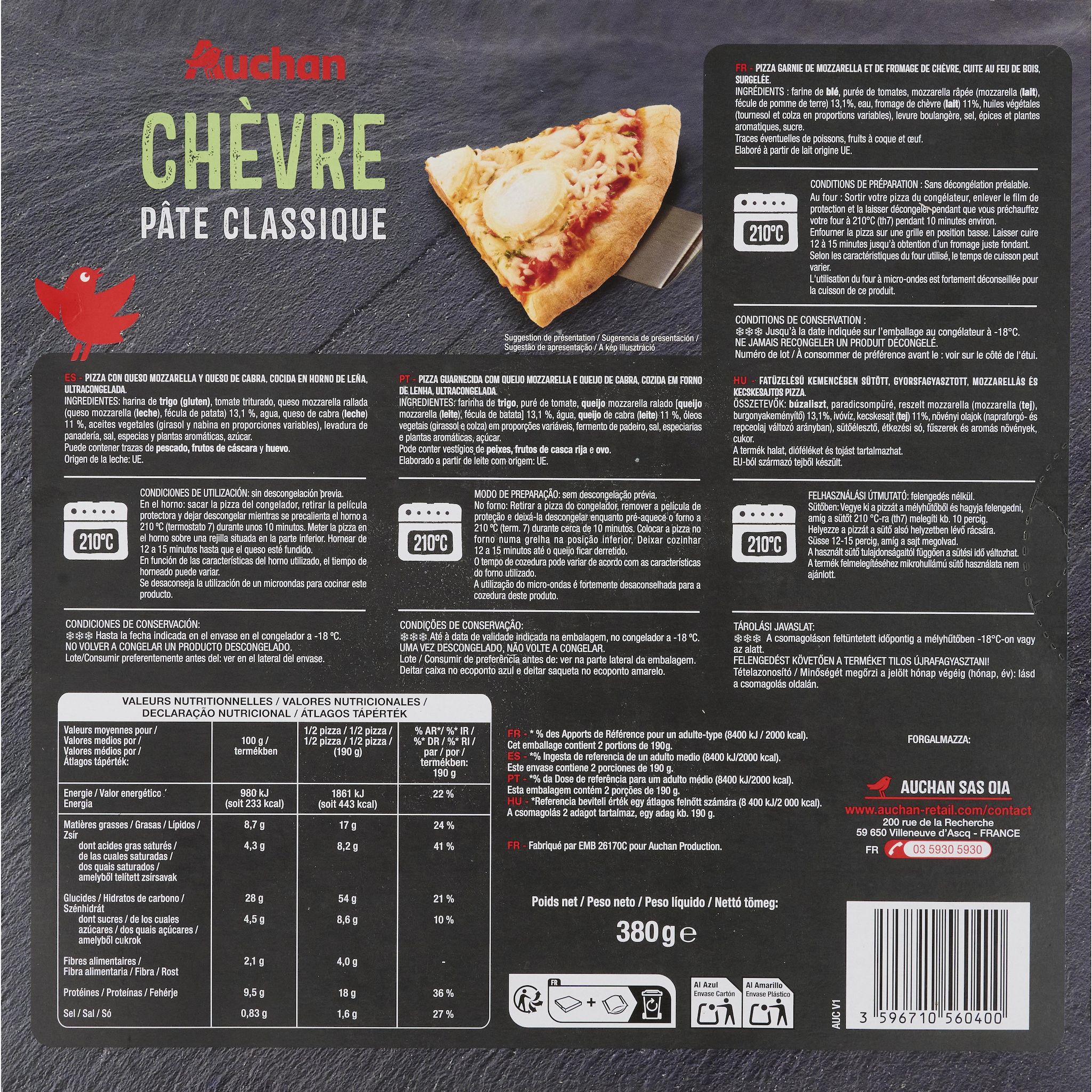 Voir la diapositive 2 : AUCHAN Pizza chèvre 390g