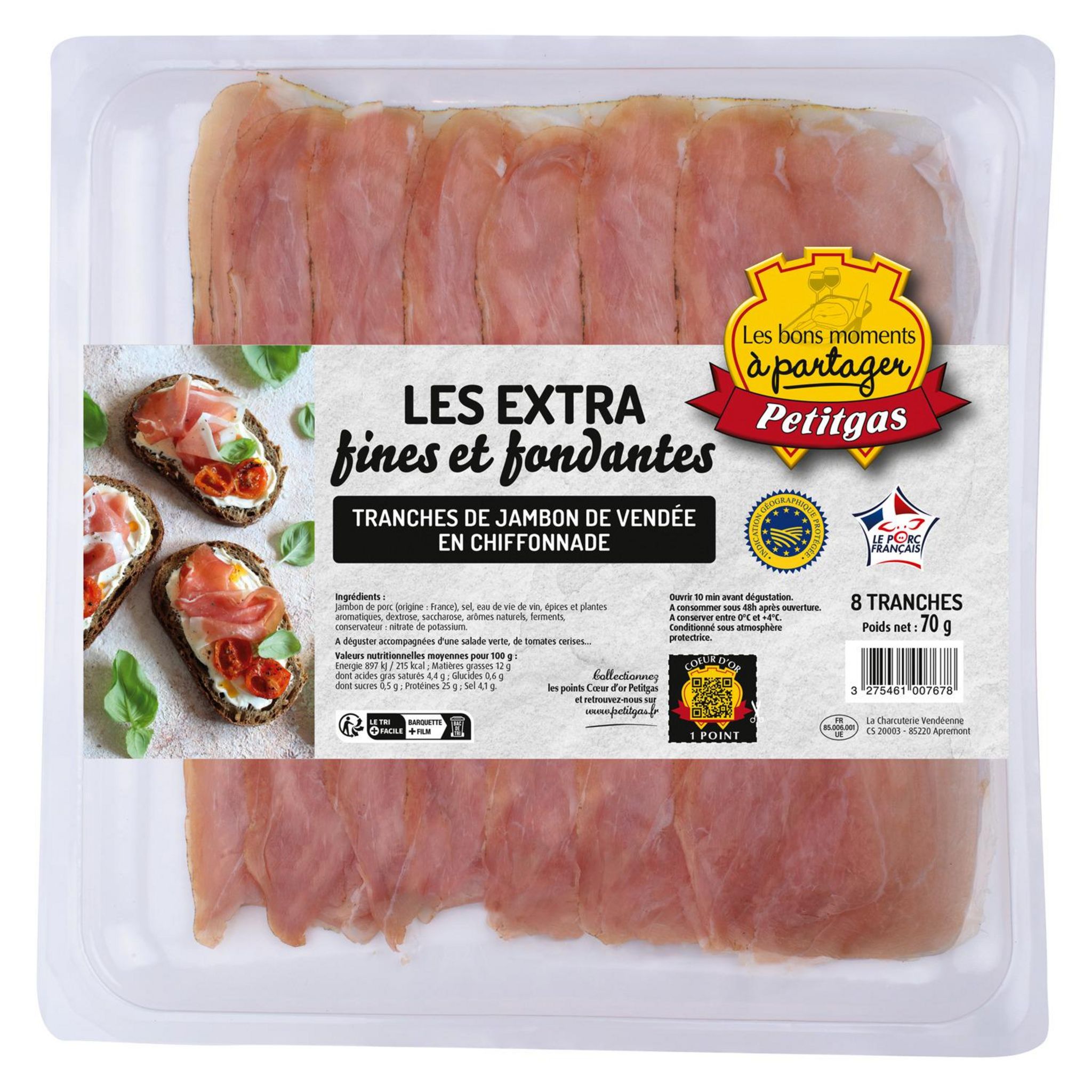 PETITGAS Jambon de Vendée igp les extra fines et fondantes 8 tranches 70g