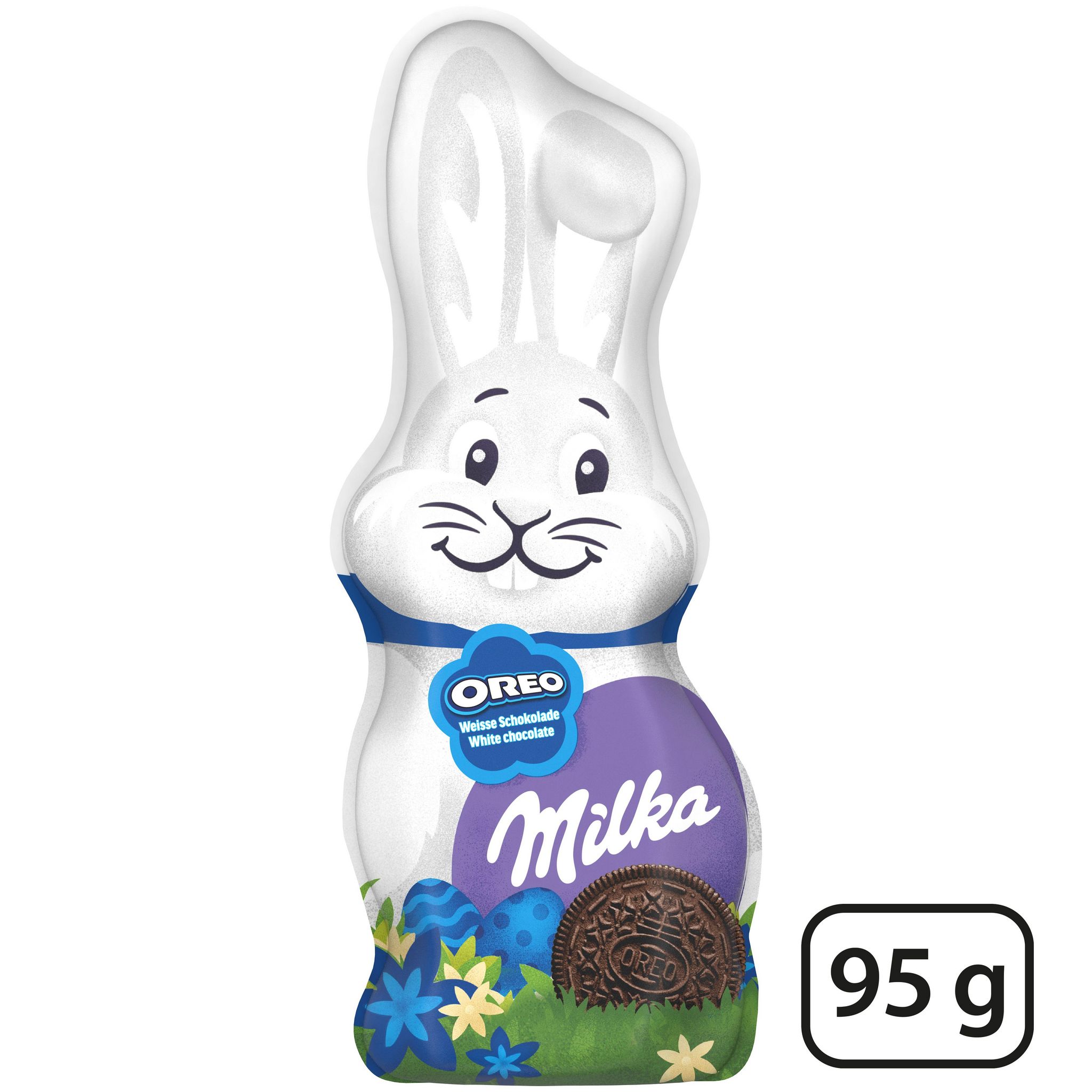 MILKA Lapin creux au chocolat blanc oreo et aux morceaux de biscuits cacaotés 95g