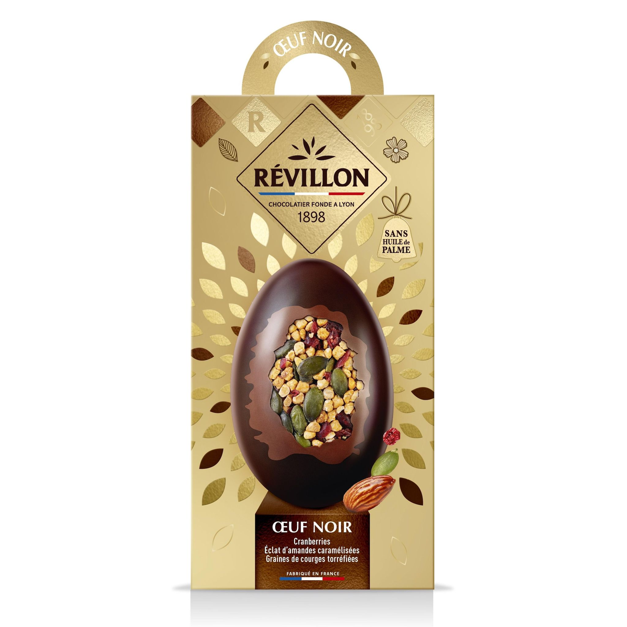REVILLON CHOCOLATIER Oeuf de chocolat noir aux éclats d'amandes caramélisées cranberries et graines de courges 140g