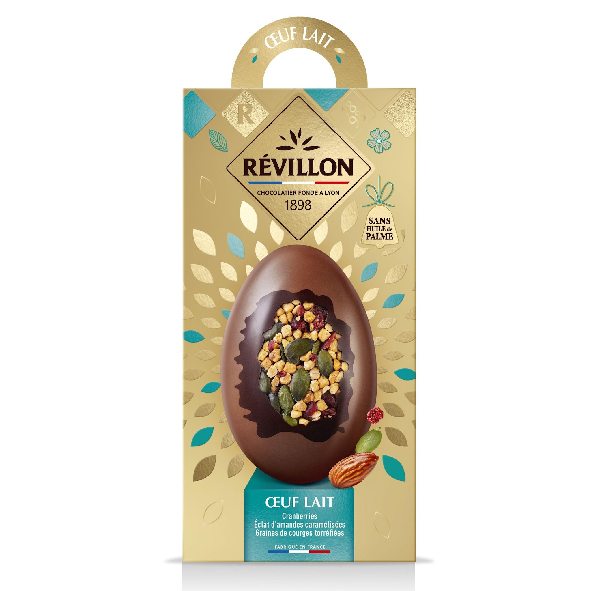 REVILLON CHOCOLATIER Oeuf de chocolat au lait avec amandes caramélisées cranberries et graines de courges 140g
