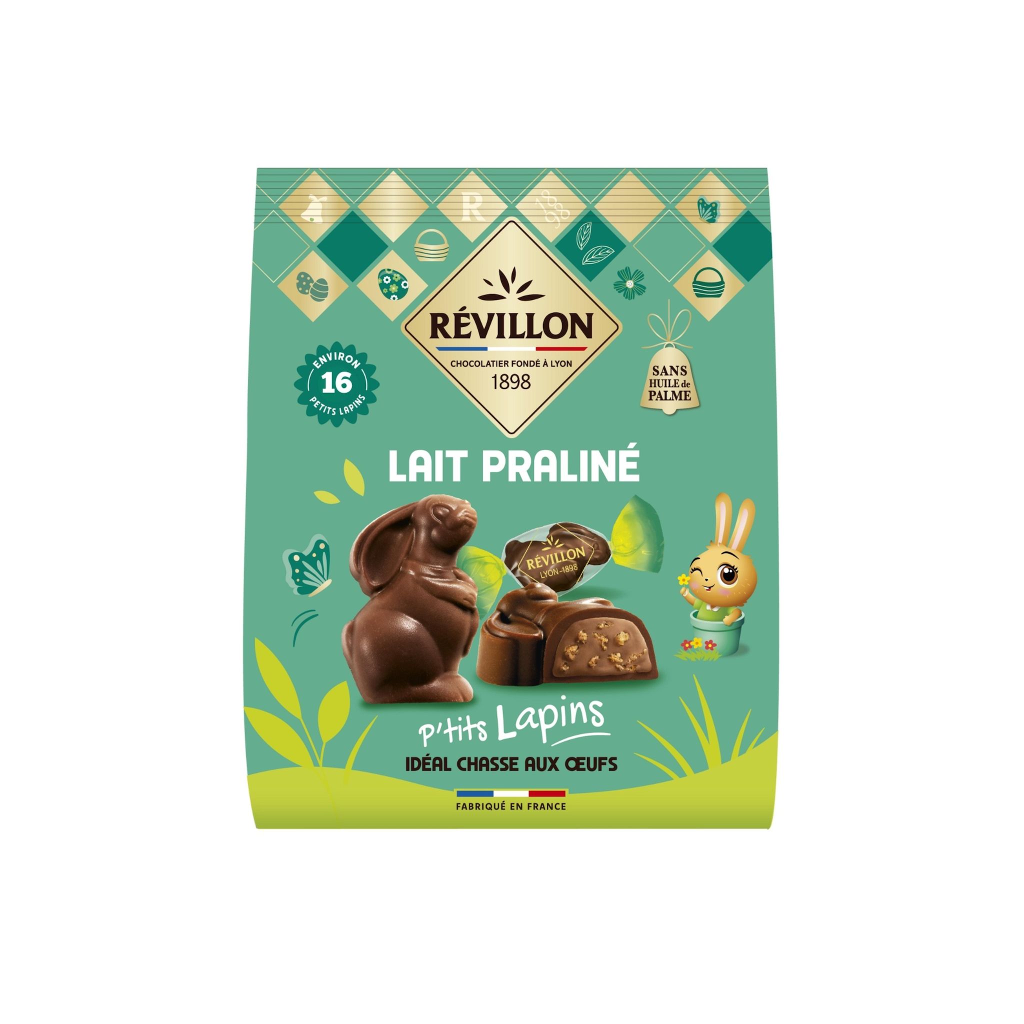 REVILLON CHOCOLATIER P'tits lapins au chocolat au lait fourrés praliné croustillant en sachet 120g