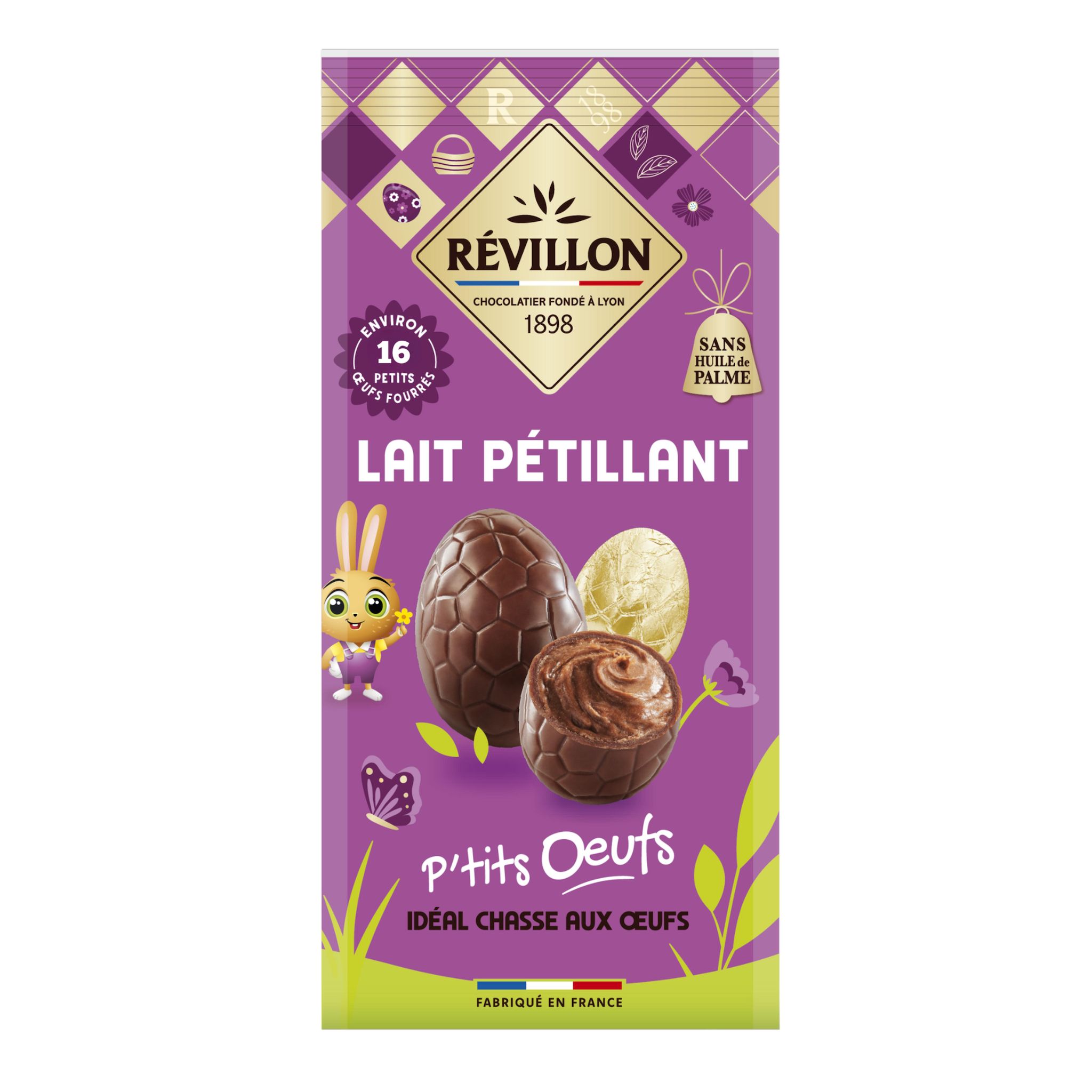 REVILLON CHOCOLATIER P'tits oeufs fourrés au chocolat au lait et sucre pétillant en sachet environ 16 oeufs 120g