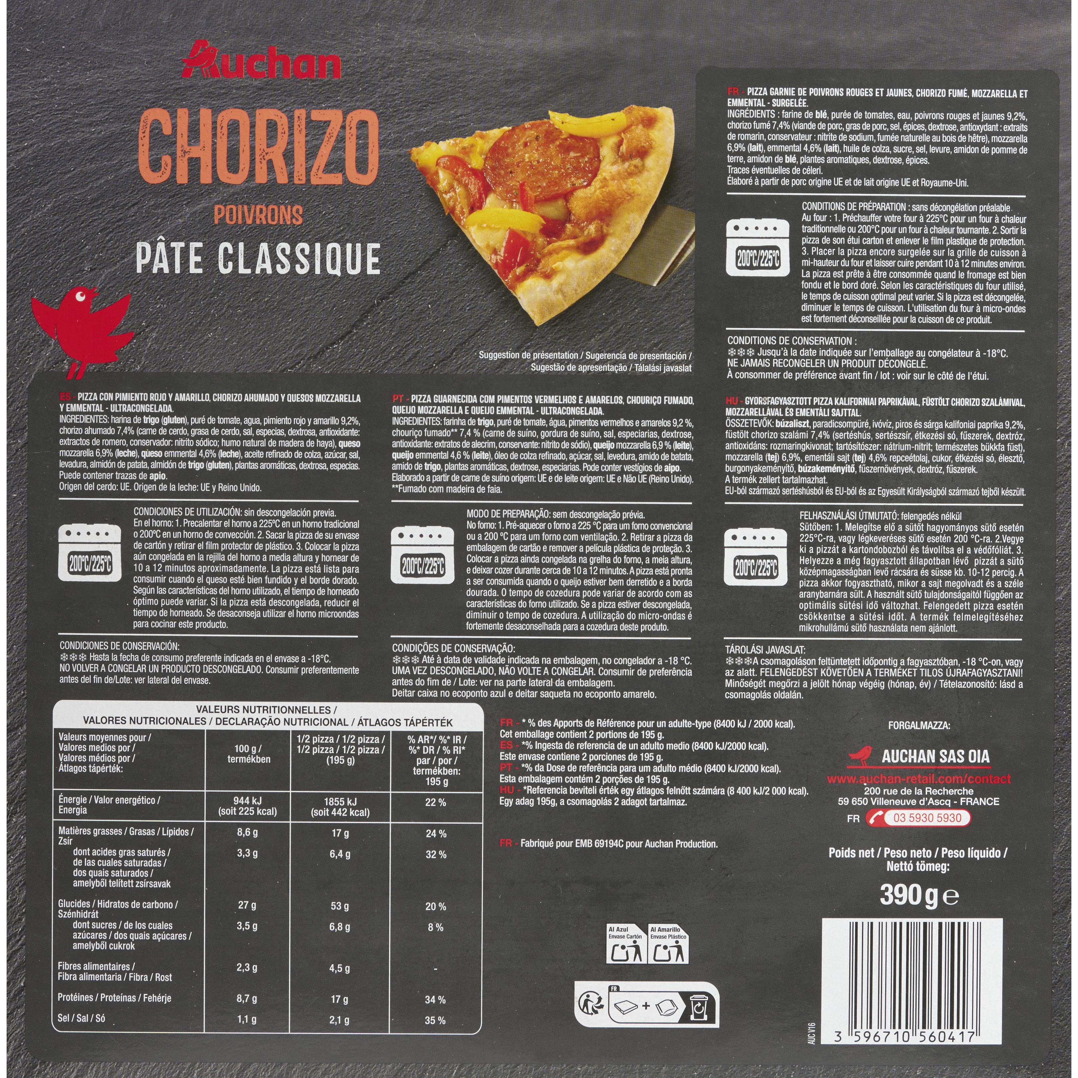 Voir la diapositive 2 : AUCHAN Pizza chorizo surgelée à cuire au four 390g