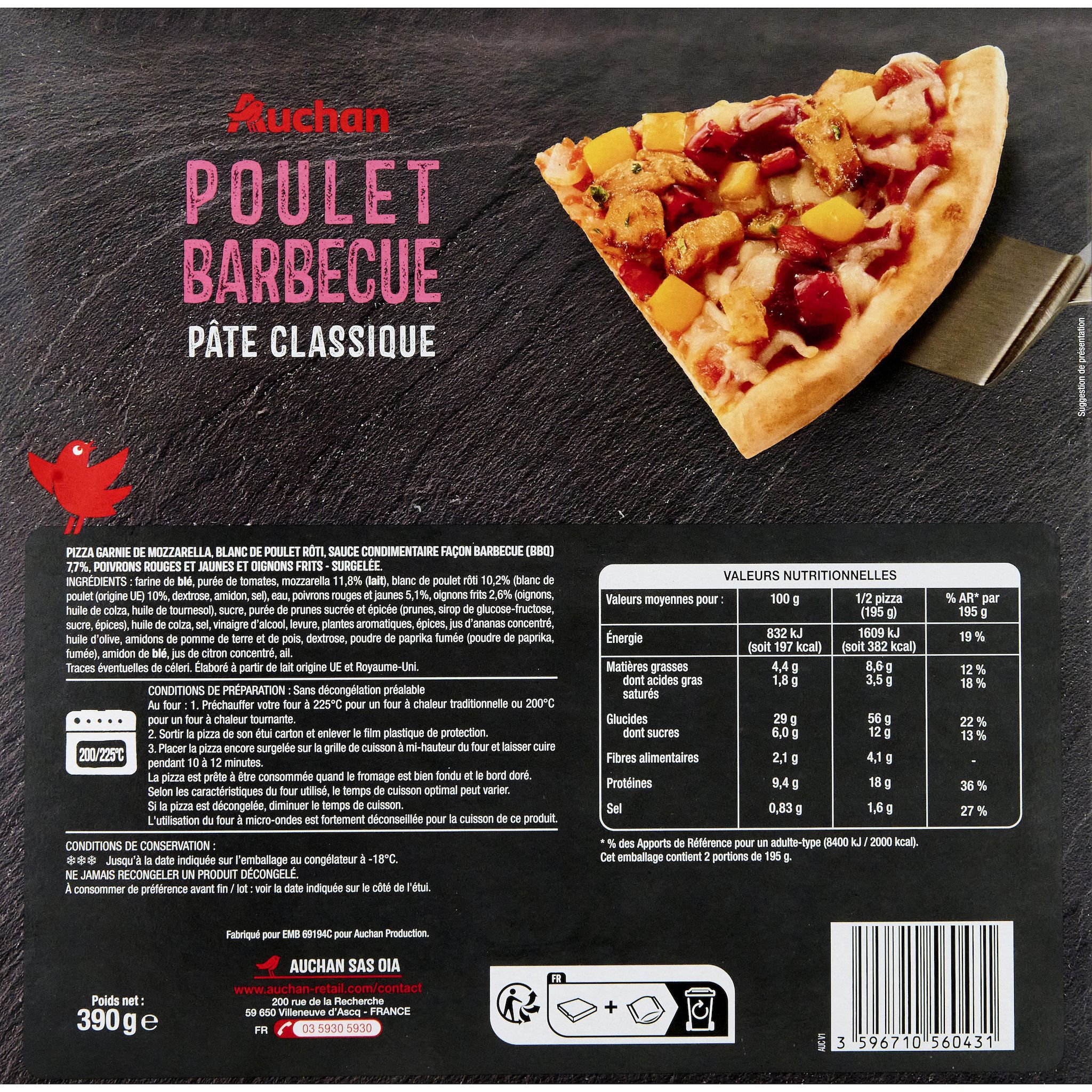 Voir la diapositive 2 : AUCHAN Pizza poulet barbecue 390g