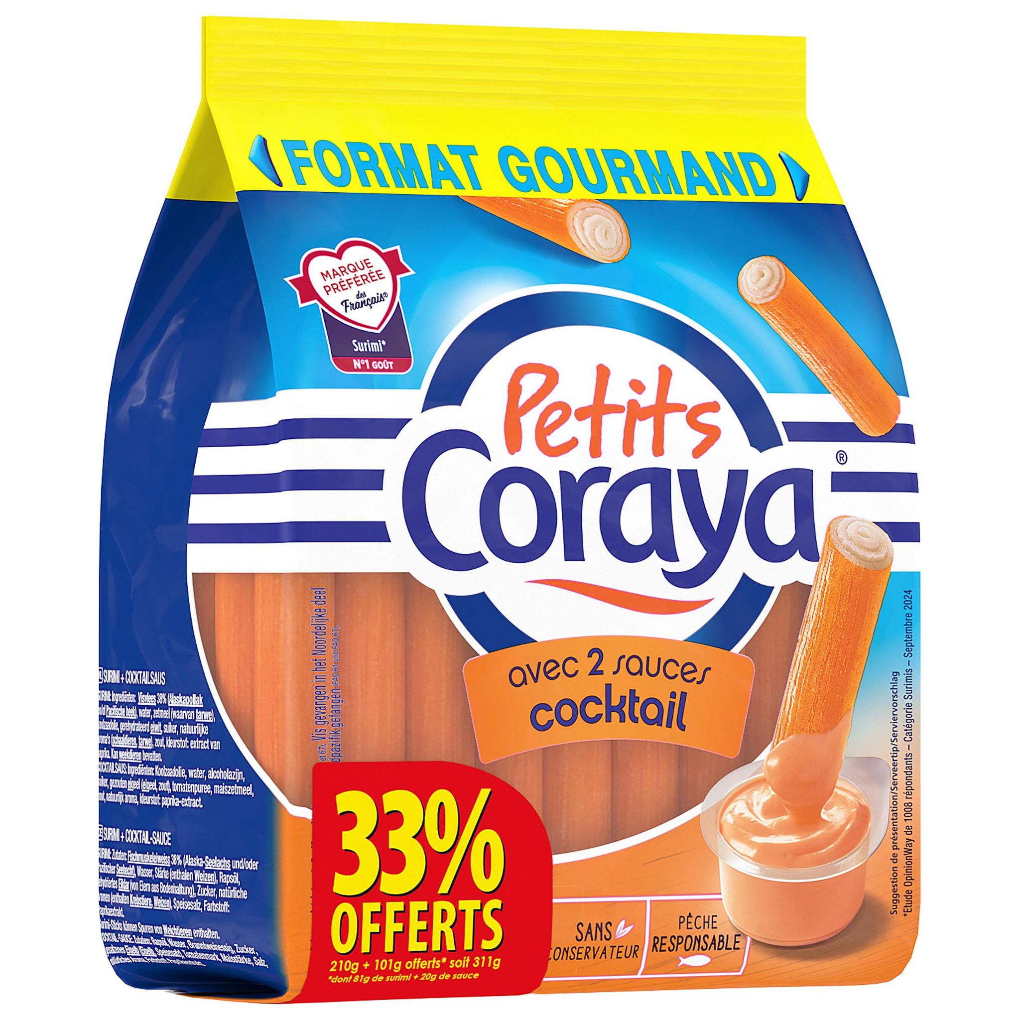 CORAYA Bâtonnets de surimi avec 2 sauces cocktail 311g