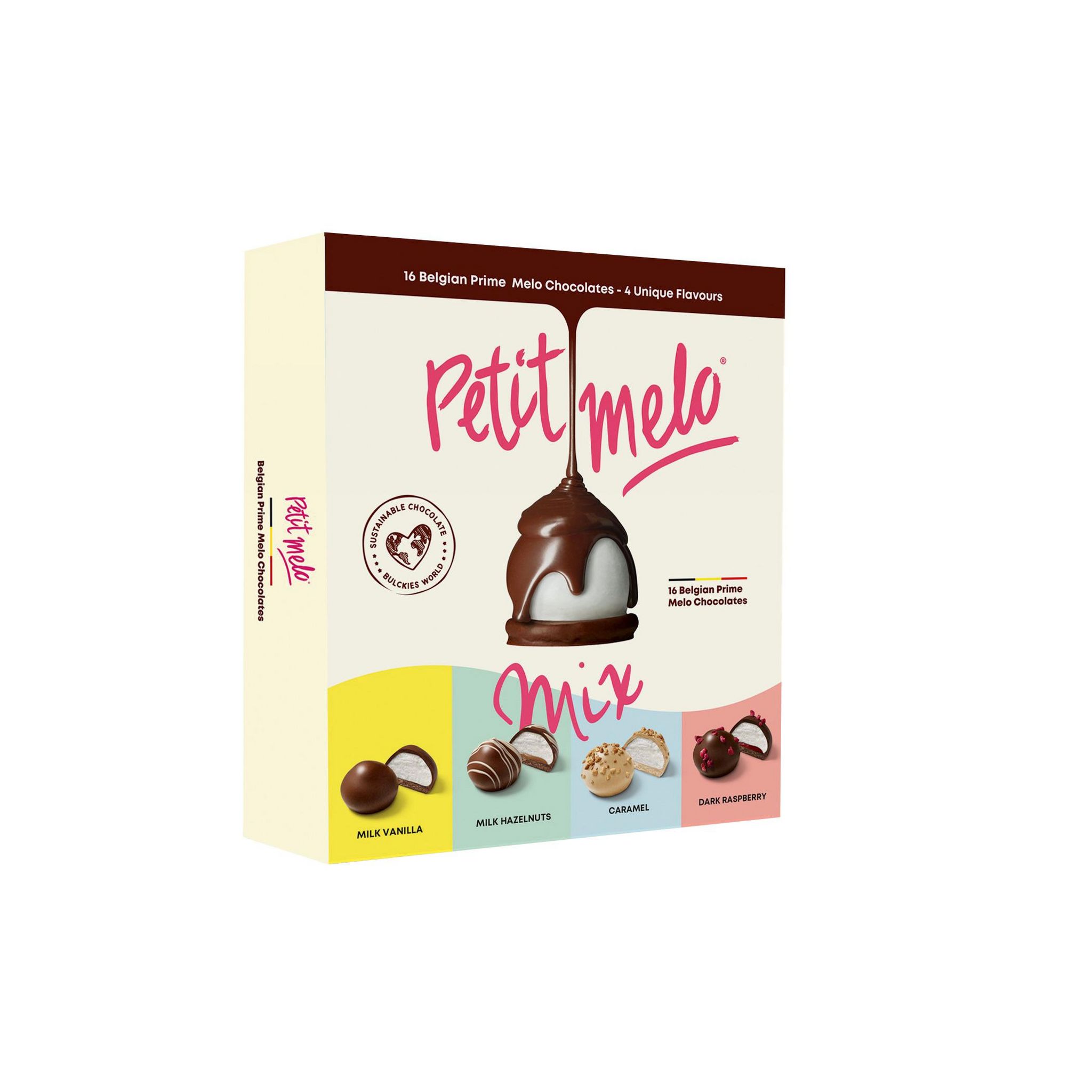 Petit melo assortiment de chocolats à la vanille, noisette et caramel framboise 155g