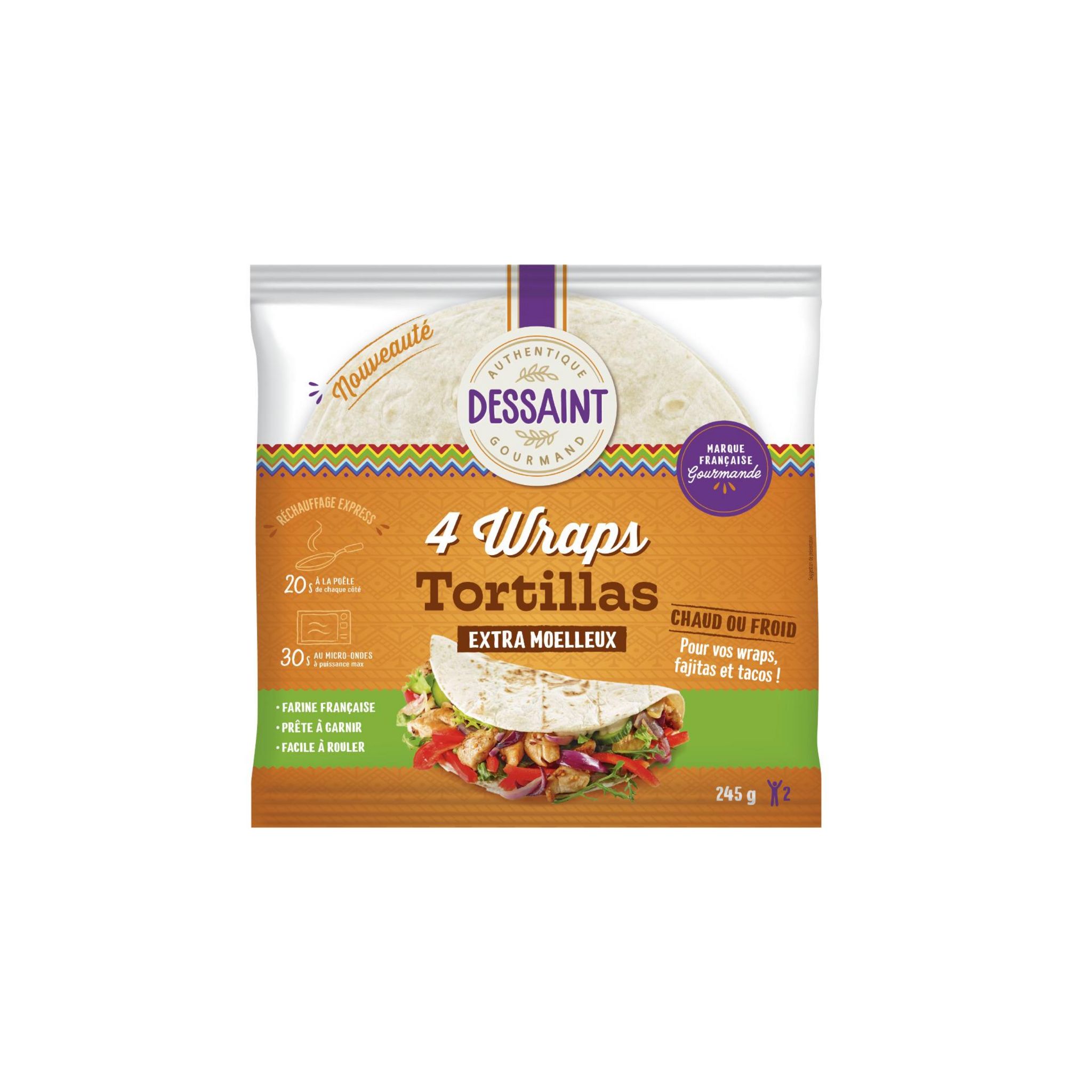 DESSAINT Tortillas de blé nature ronde 4 pièces 245g