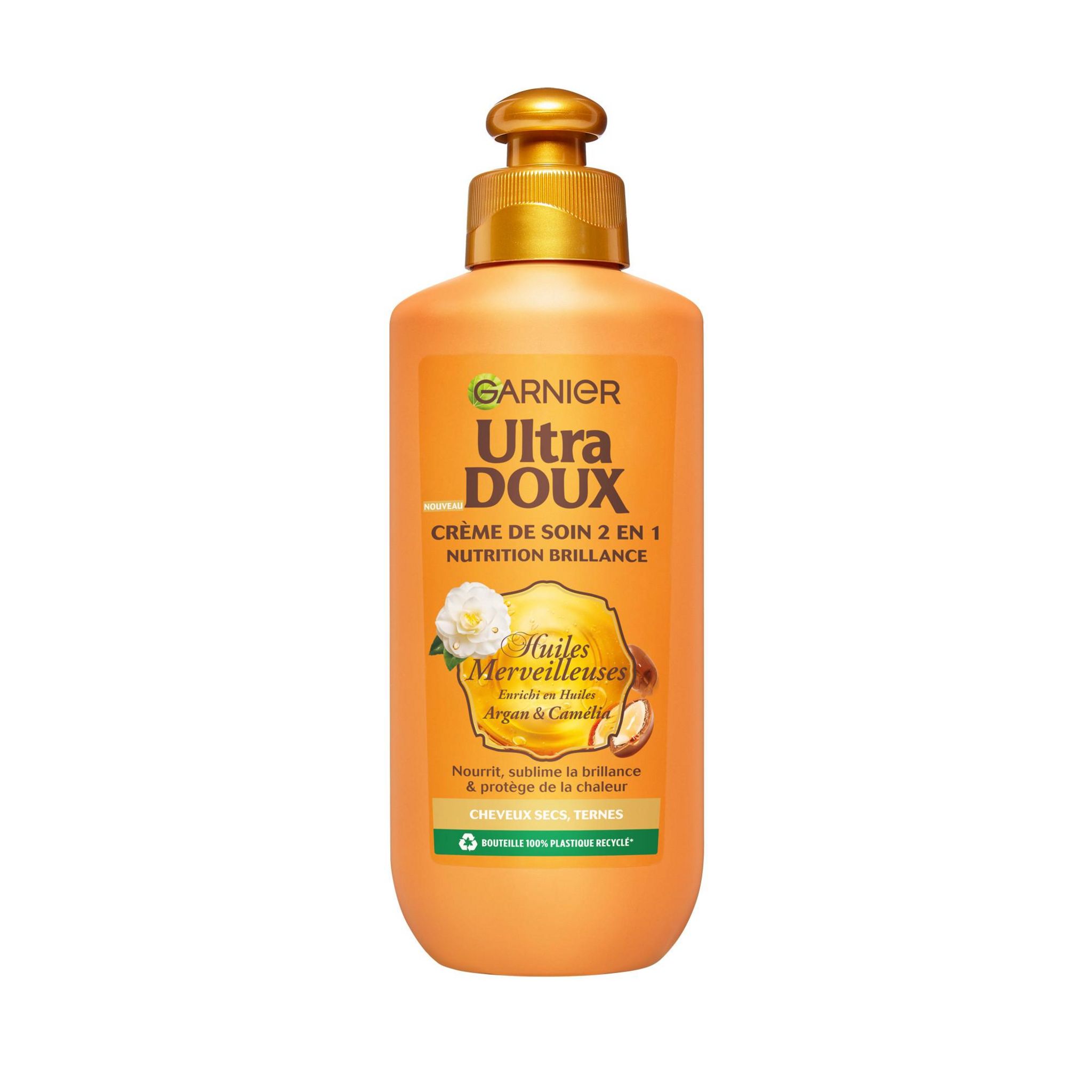 GARNIER ULTRA DOUX Crème de soin 2 en 1 huiles merveilleuses nutrition brillance à l'huile d'argan et camélia cheveux secs, ternes 200ml