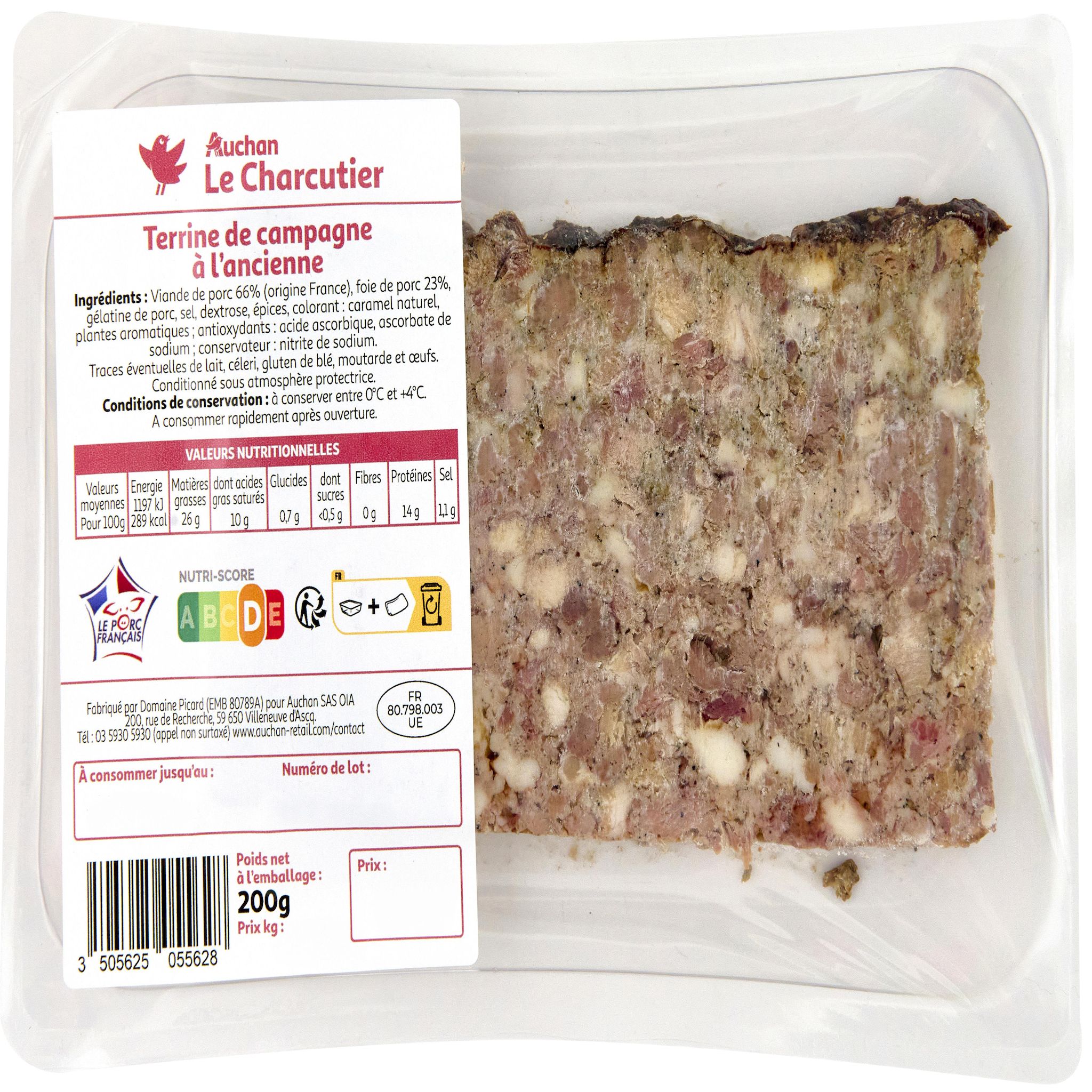 AUCHAN LE CHARCUTIER Terrine de campagne 200g