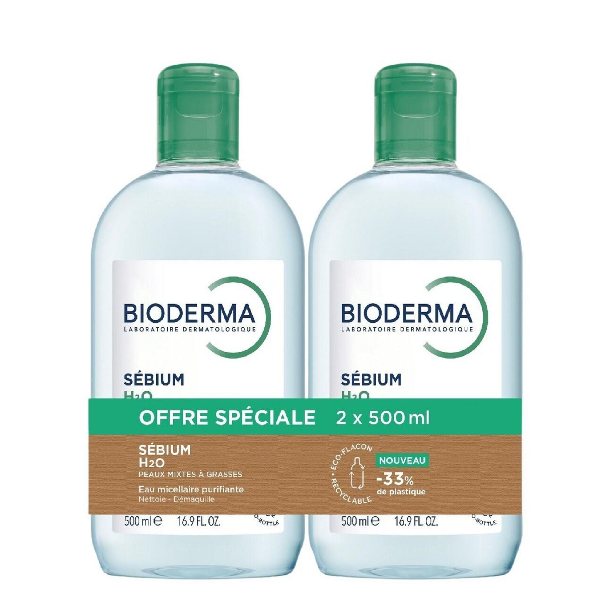 BIODERMA Sébium H2O Eau micellaire peaux mixtes à grasses 2x500ml