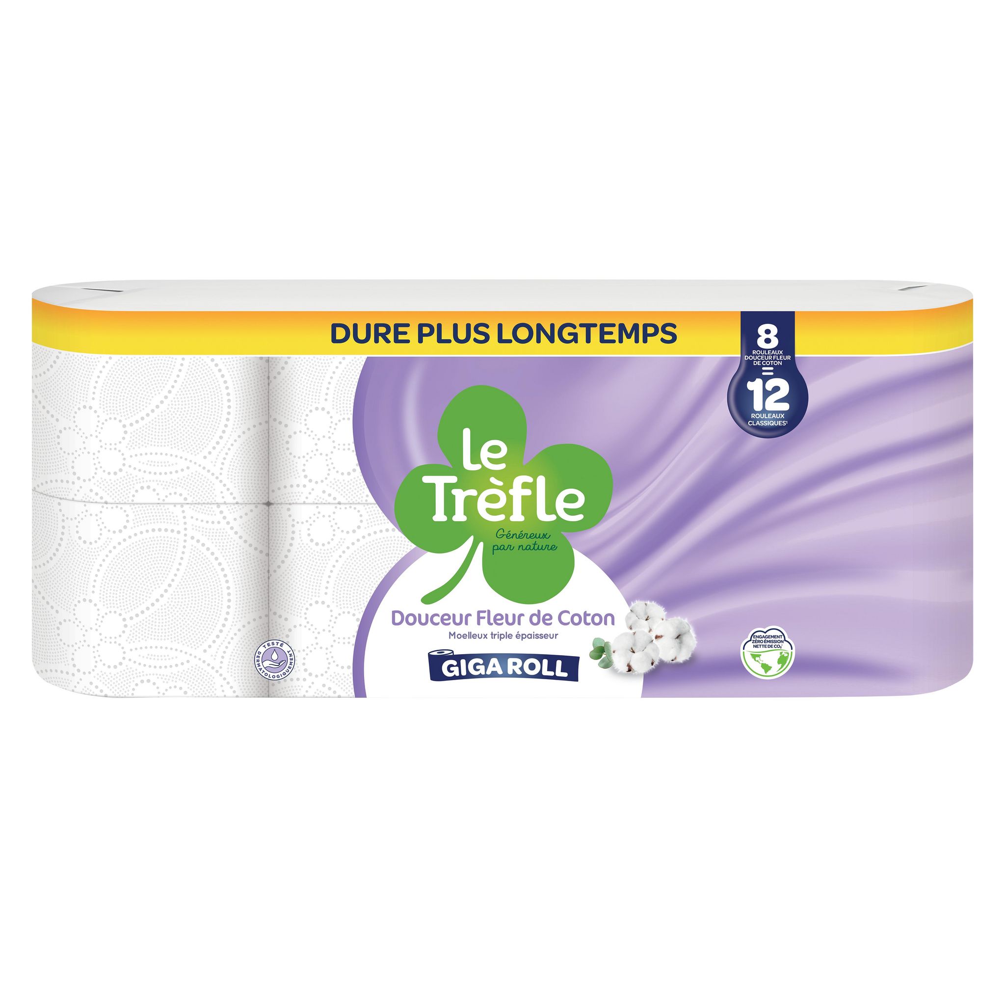 LE TRÈFLE Papier toilette fsc douceur fleur de coton 3 épaisseurs = 12 standards 8 rouleaux
