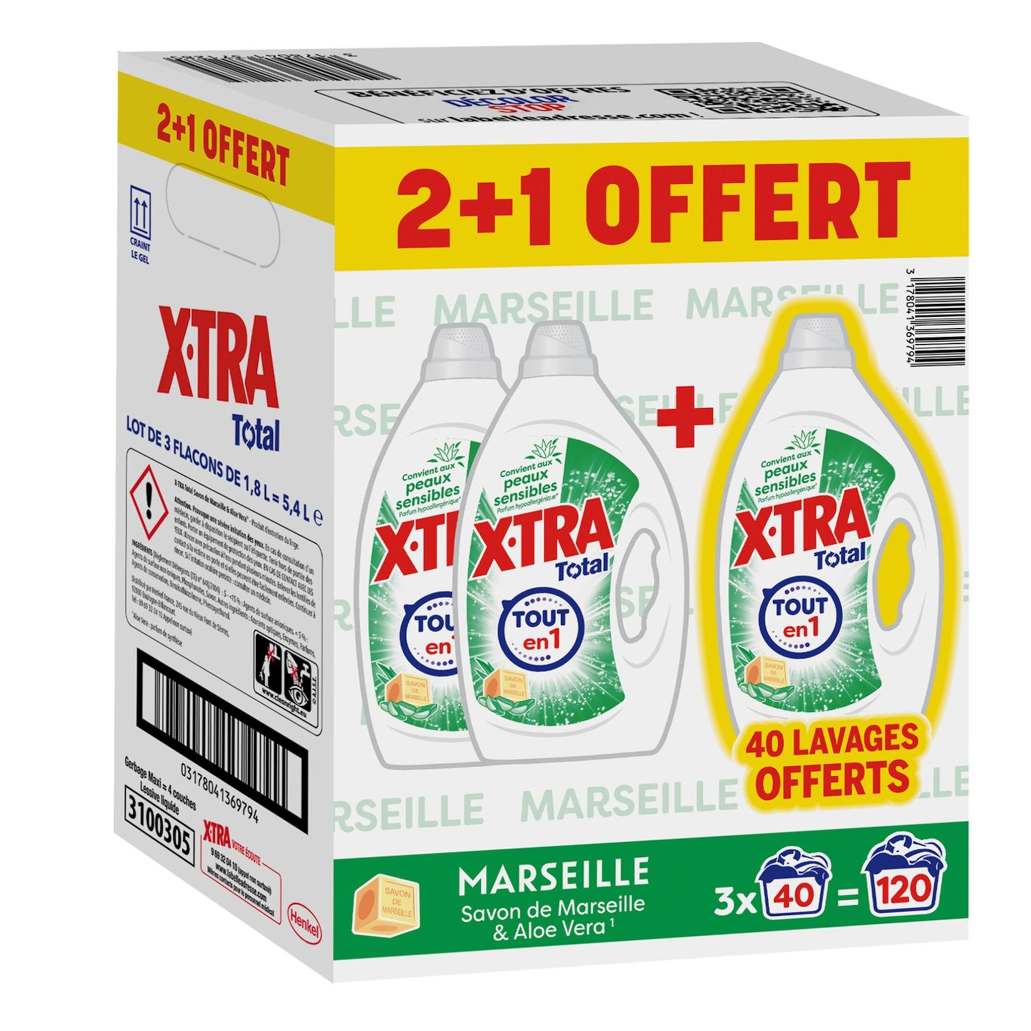 X-TRA Lessive liquide aloe vera marseille 3x1,8l FORMAT PROMO