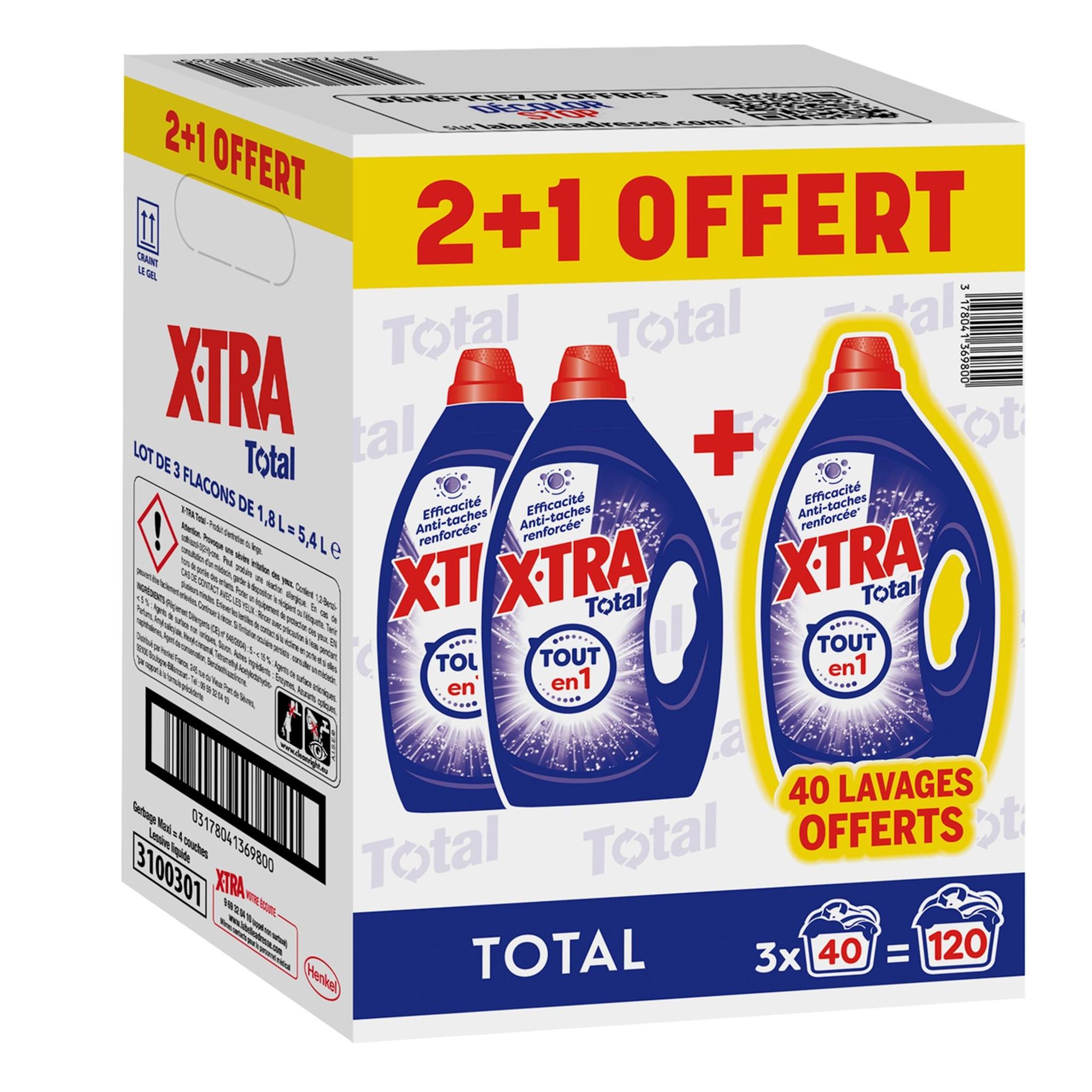 X-TRA Lessive liquide 120 lavages 3x40l format promo