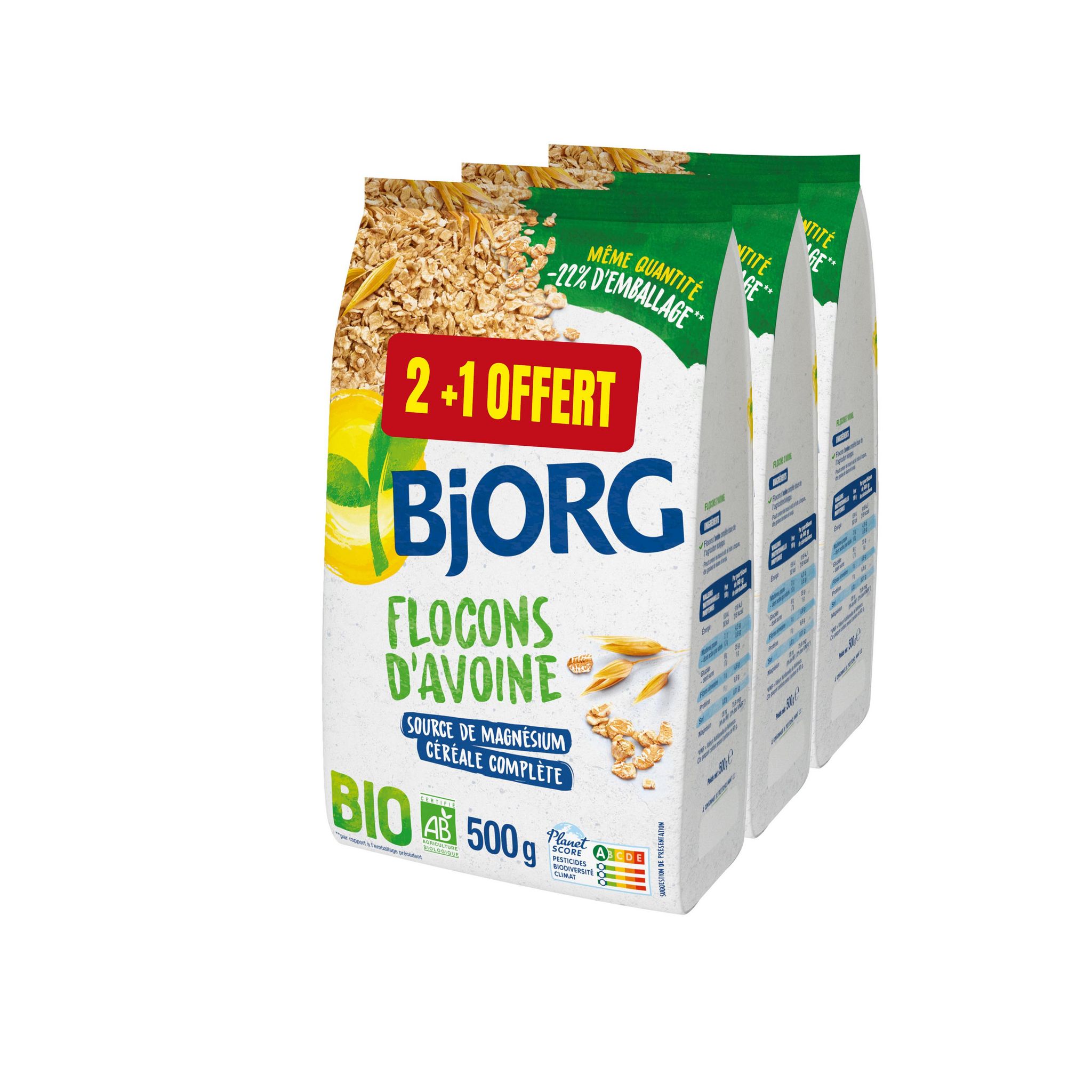 BJORG Flocons d'avoine bio 2+1 offert 3x500g