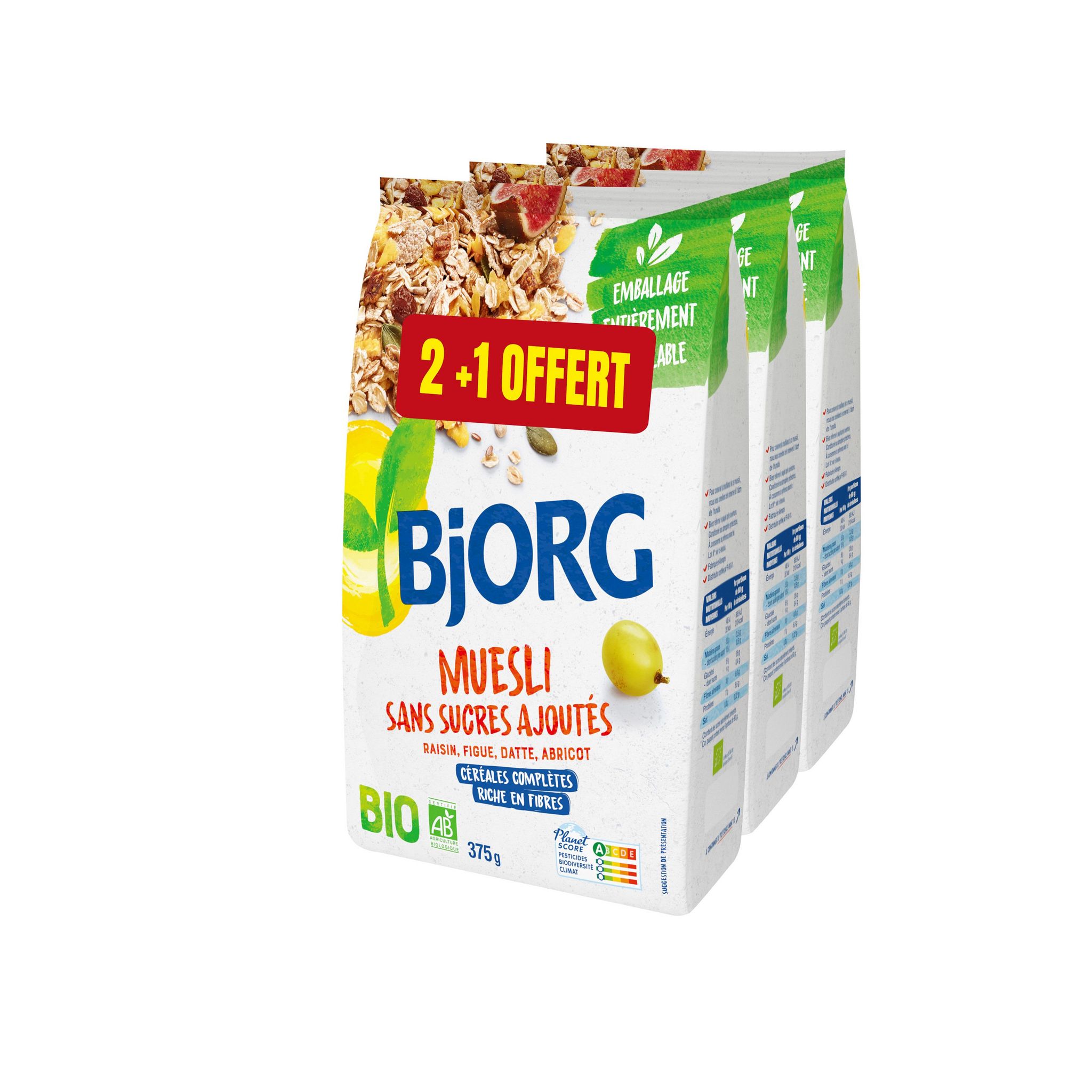 BJORG Muesli de céréales bio sans sucres ajoutés avec raison figue datte et abricot 2+1 offert 3x375g