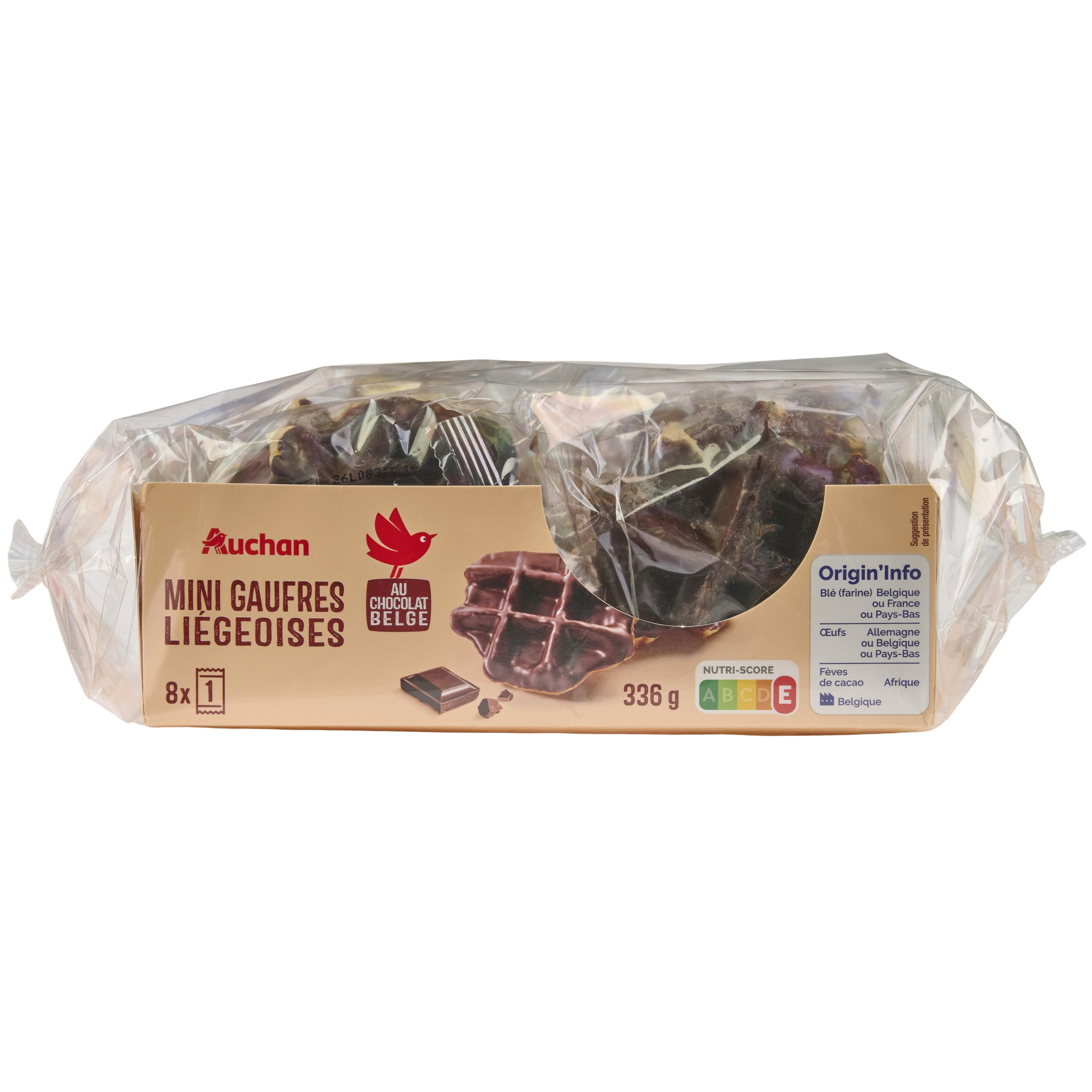 AUCHAN Mini gaufres liégeoises au chocolat noir 8 gaufres 336g