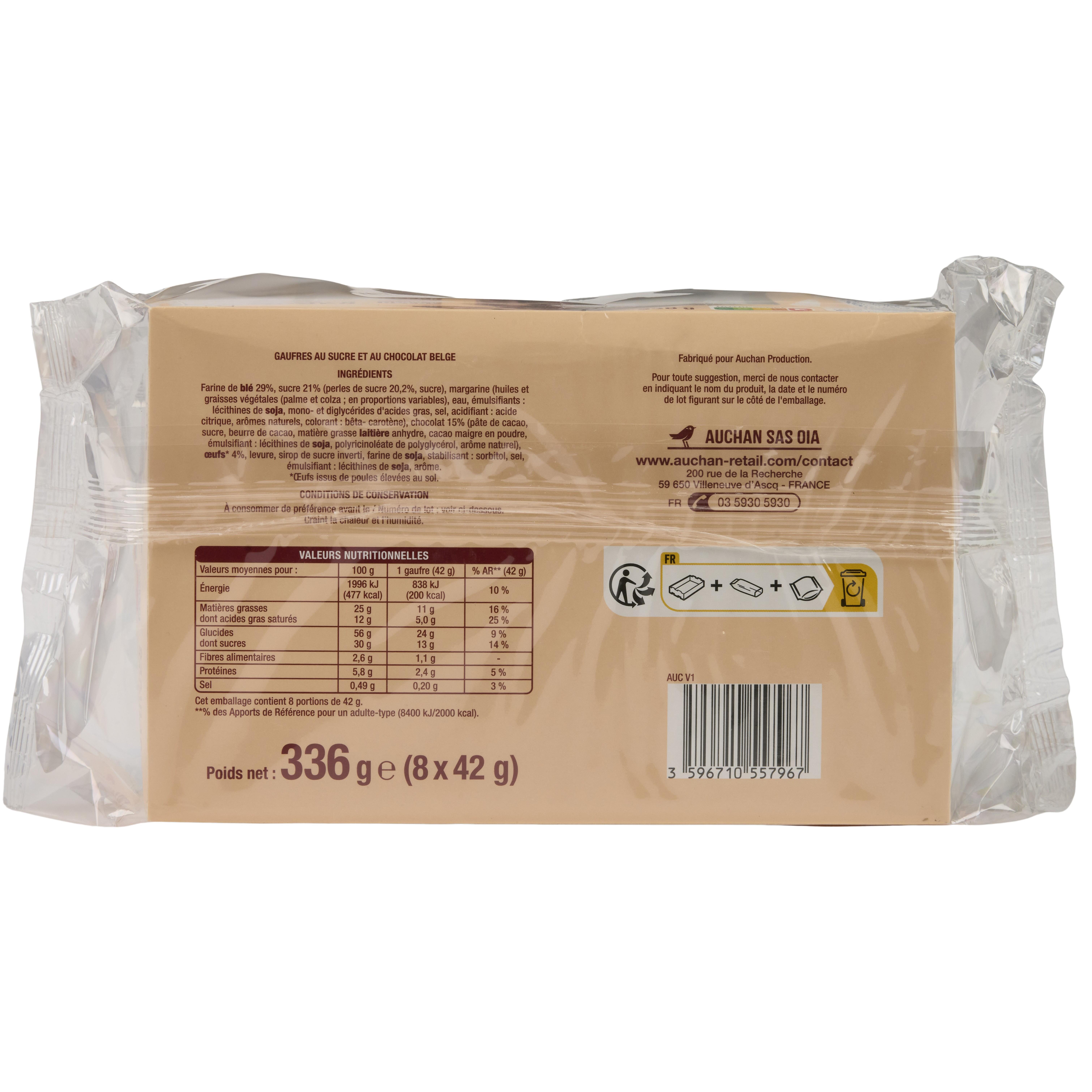 Voir la diapositive 2 : AUCHAN Mini gaufres liégeoises au chocolat noir 8 gaufres 336g
