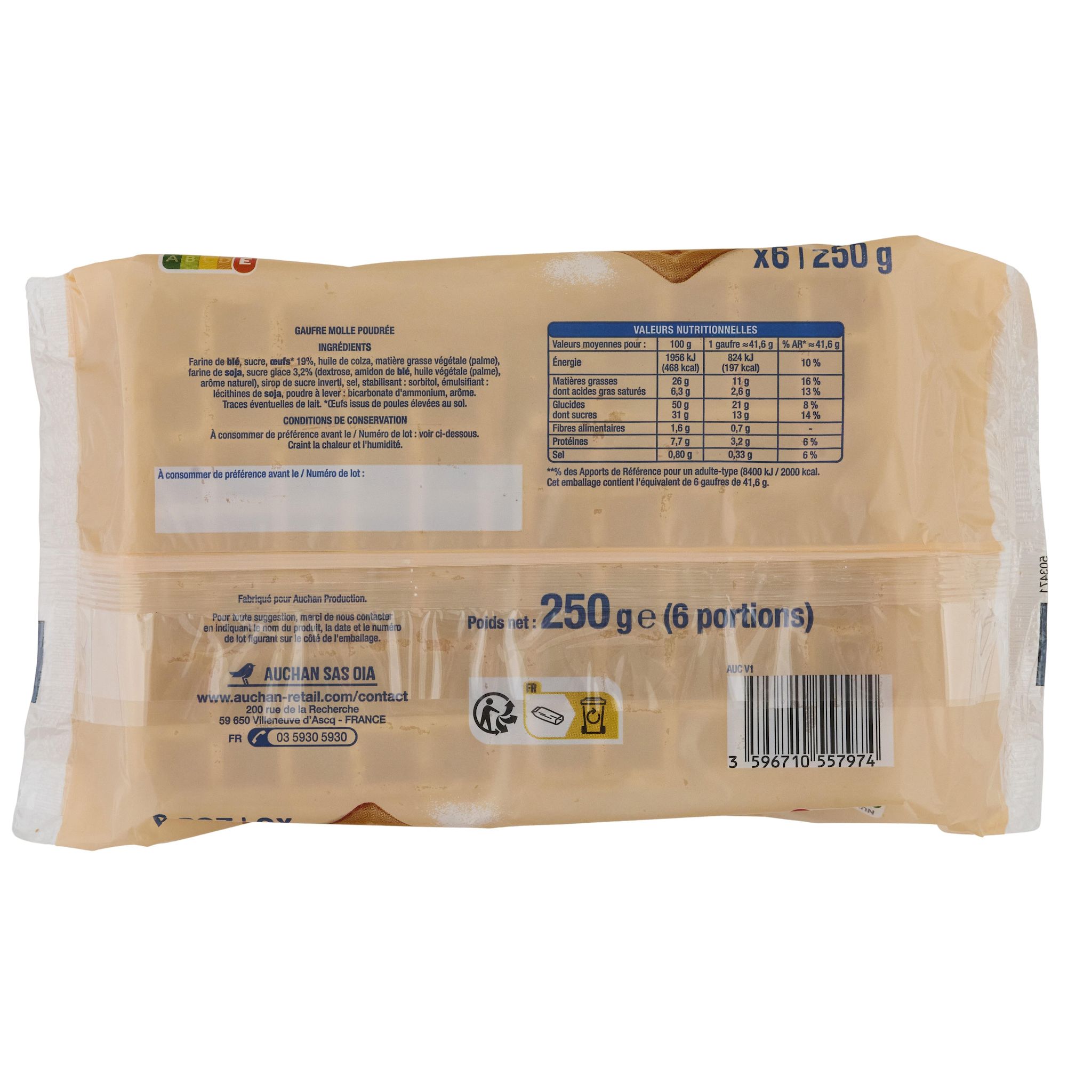 Voir la diapositive 2 : AUCHAN Gaufres poudrées au sucre glace 6 gaufres 250g