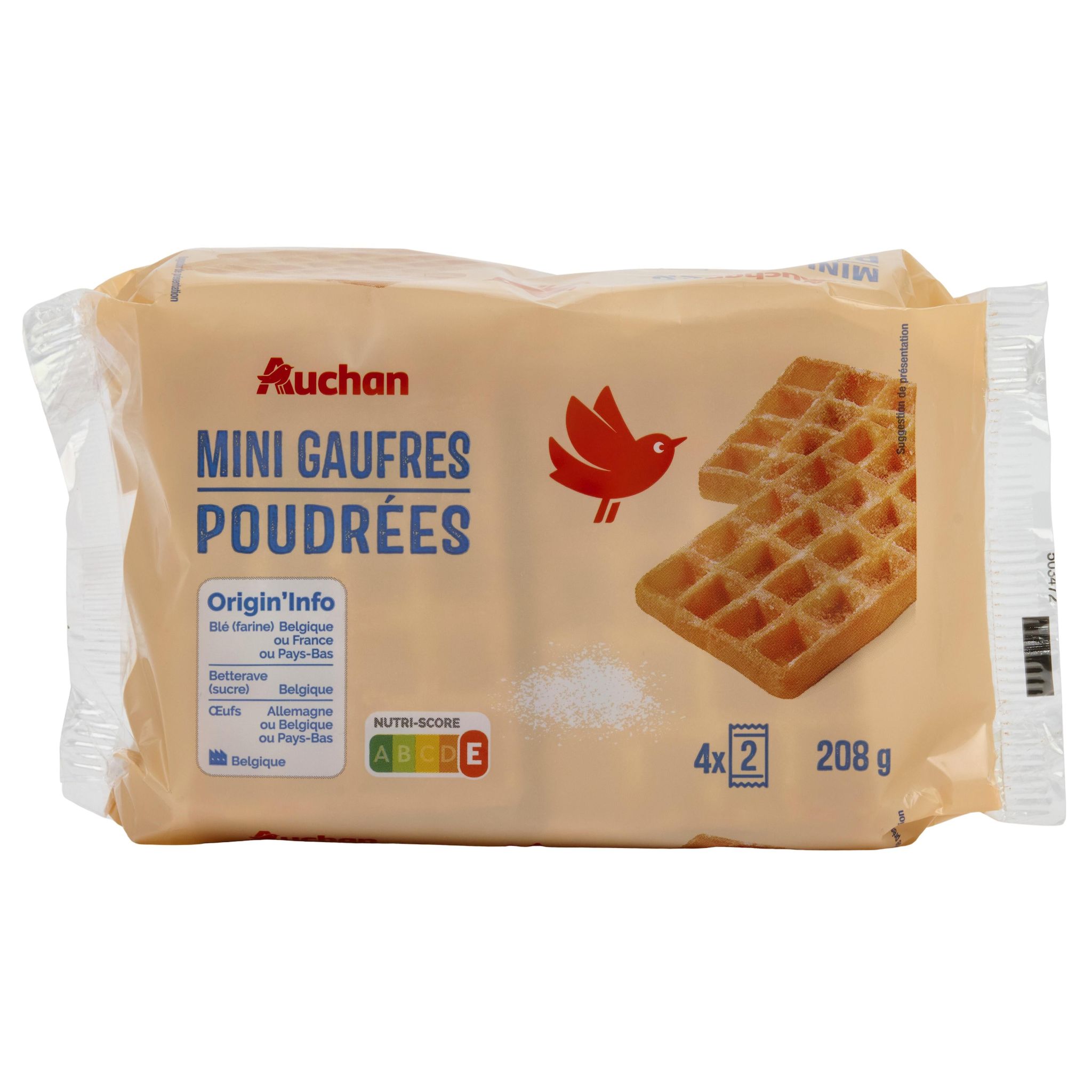 AUCHAN Mini gaufres poudrées au sucre glace 4 x 2 gaufres 208g