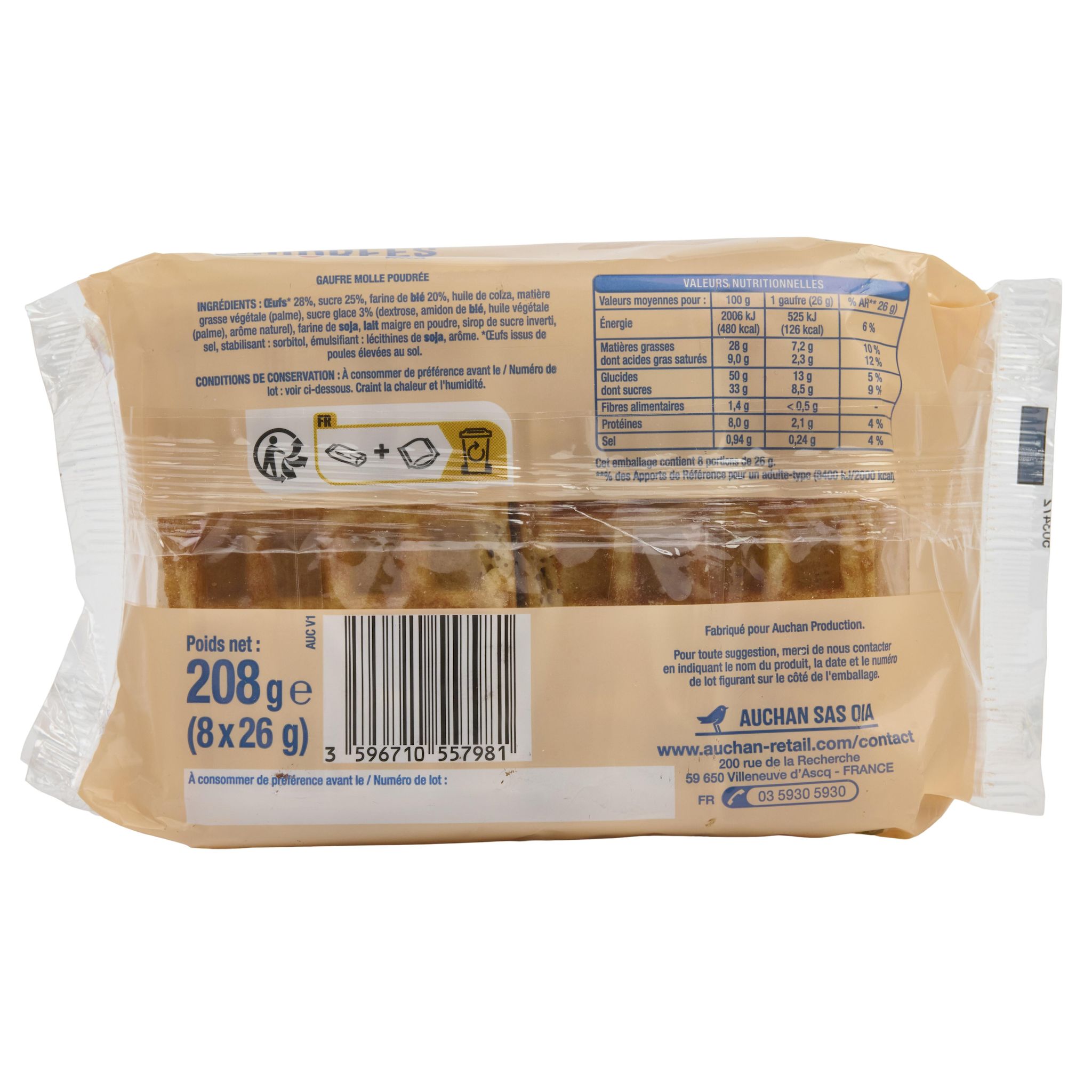 Voir la diapositive 3 : AUCHAN Mini gaufres poudrées au sucre glace 4 x 2 gaufres 208g