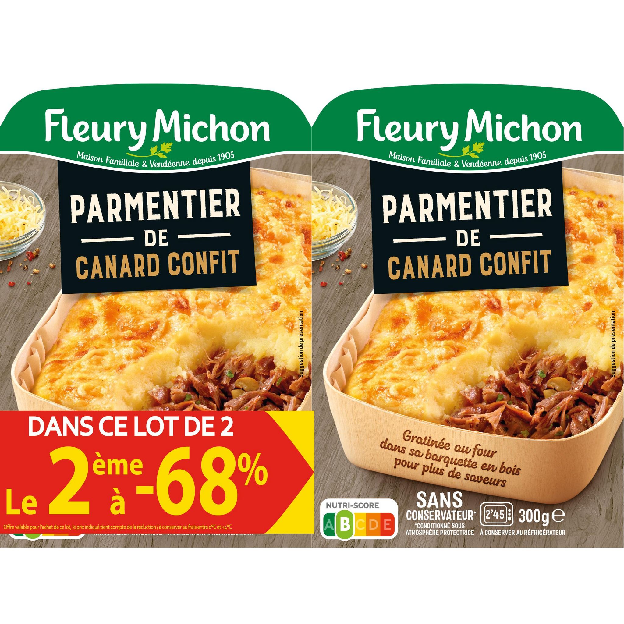 FLEURY MICHON Parmentier de canard confit en barquette bois 2 parts 2x300g