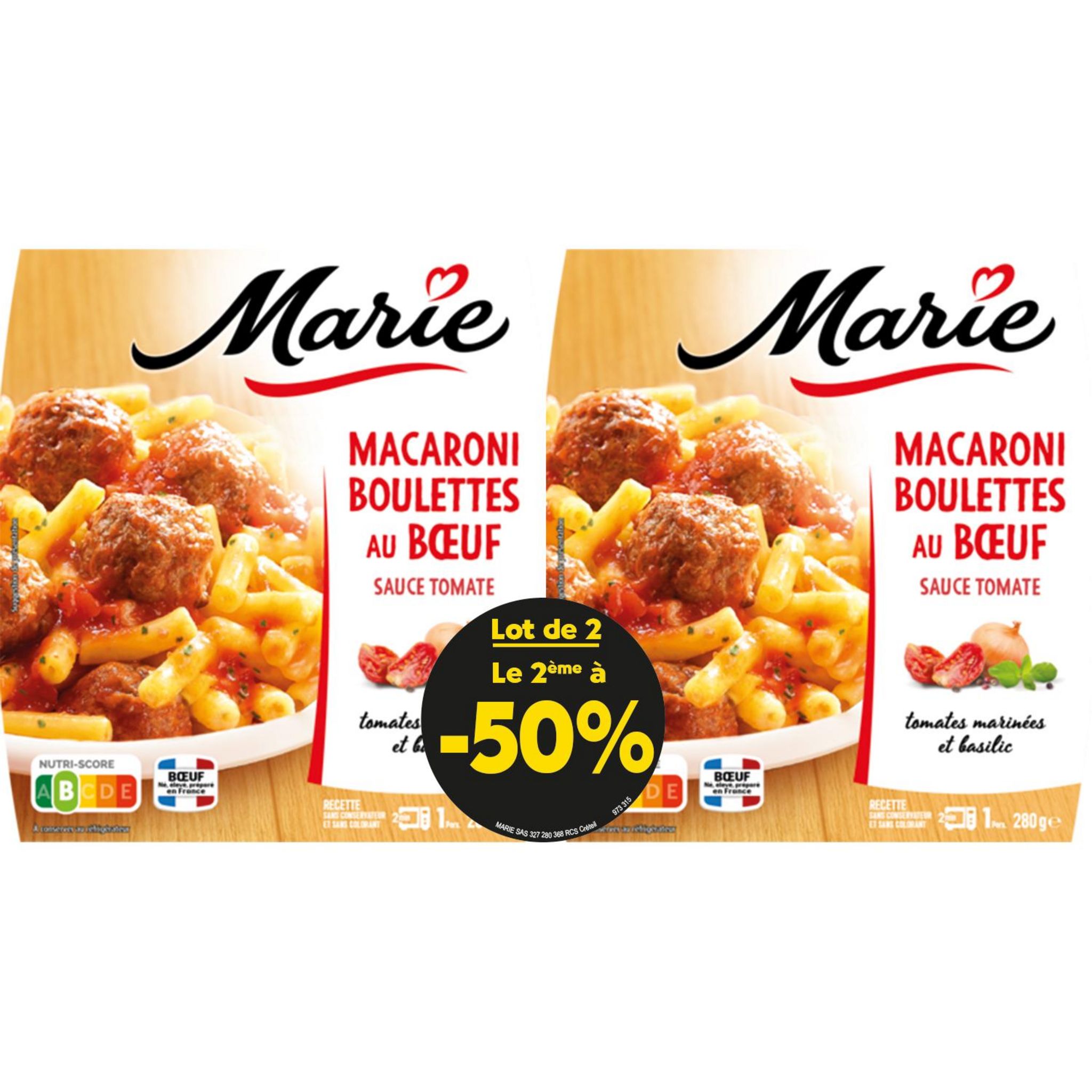 MARIE Macaroni boulettes boeuf sauce tomate 2 parts 2x280g