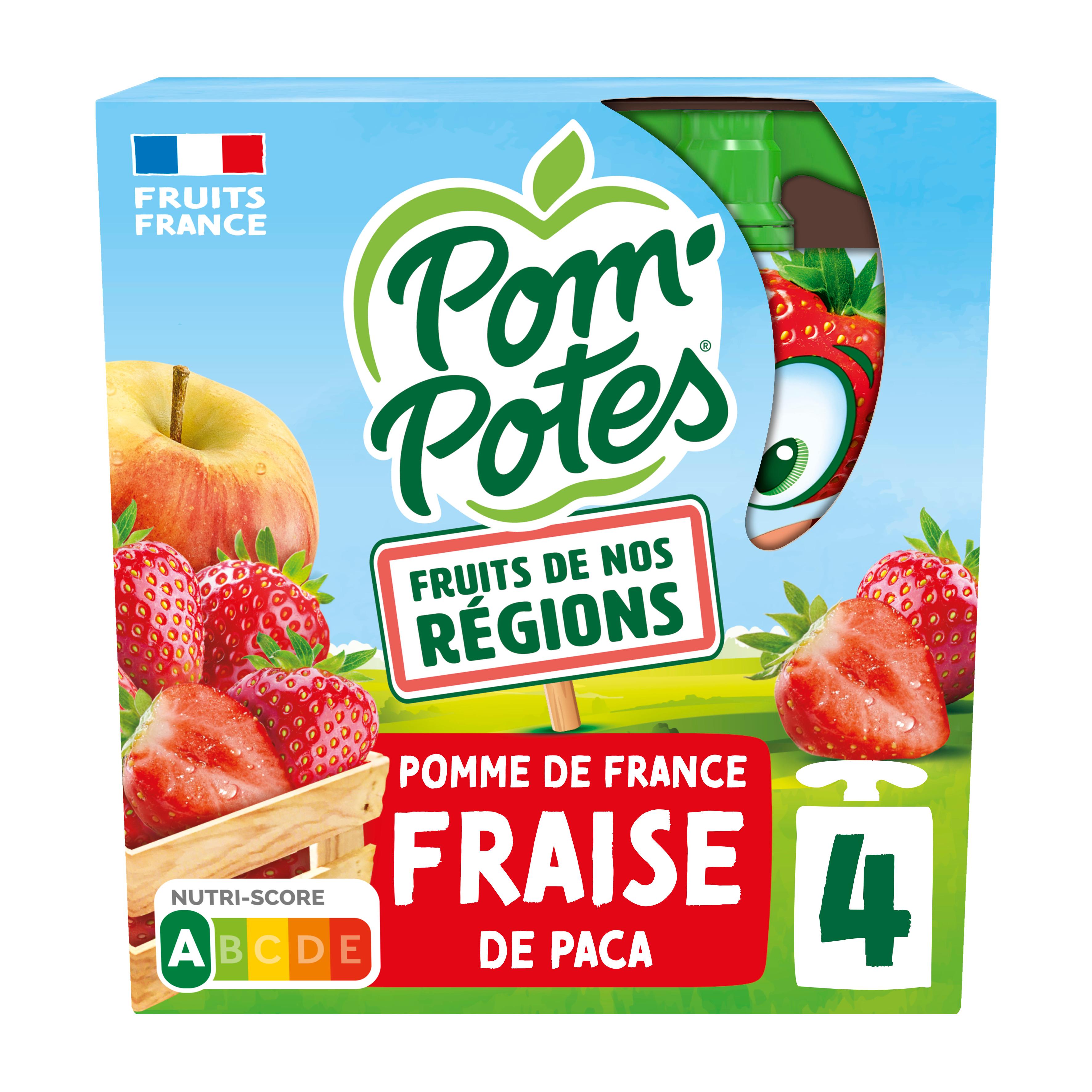 POM'POTES Gourdes compotes de pomme de France et fraise de Paca sans sucres ajoutés 4x90g