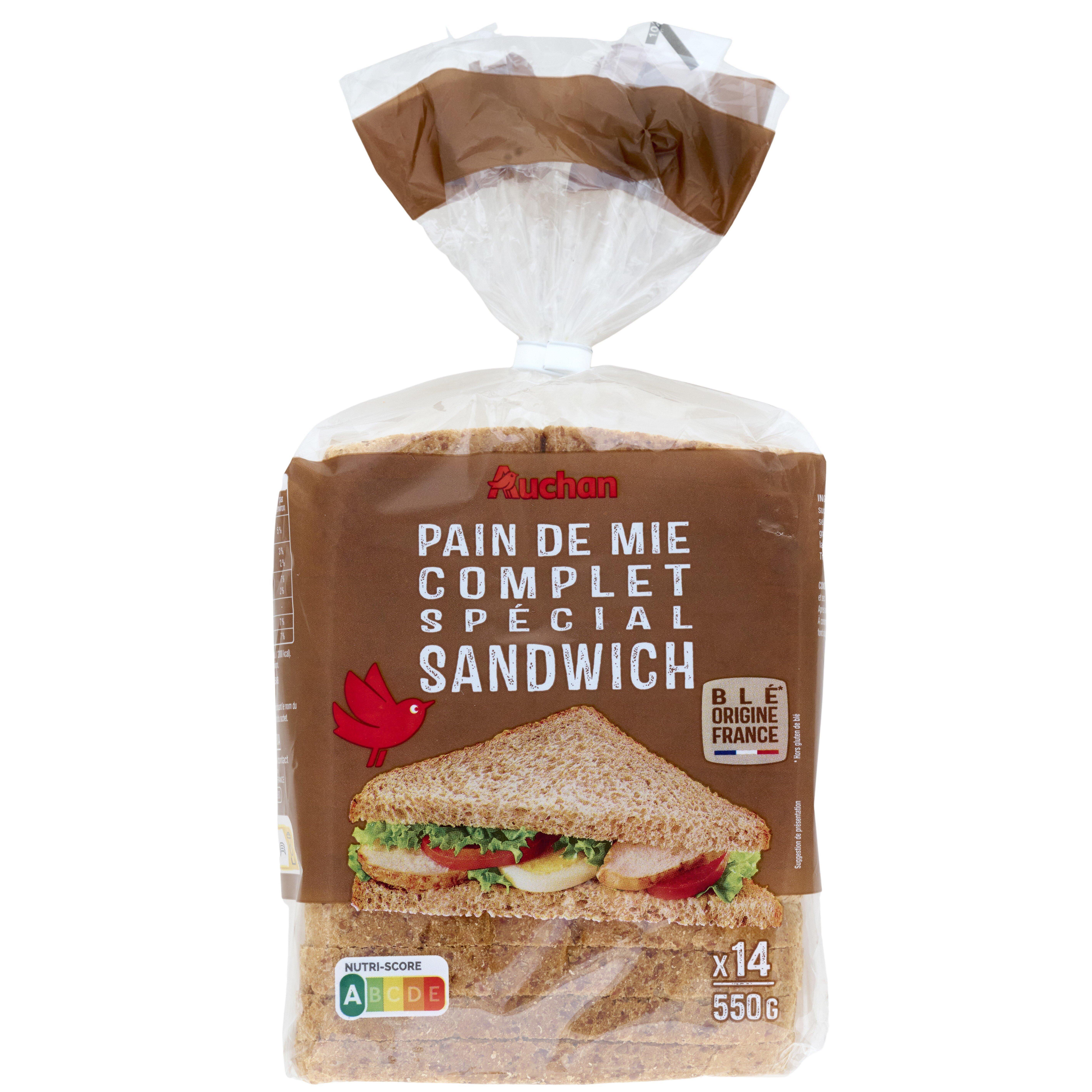 AUCHAN Pain de mie complet grandes tranches spécial sandwich 12 tranches 550g