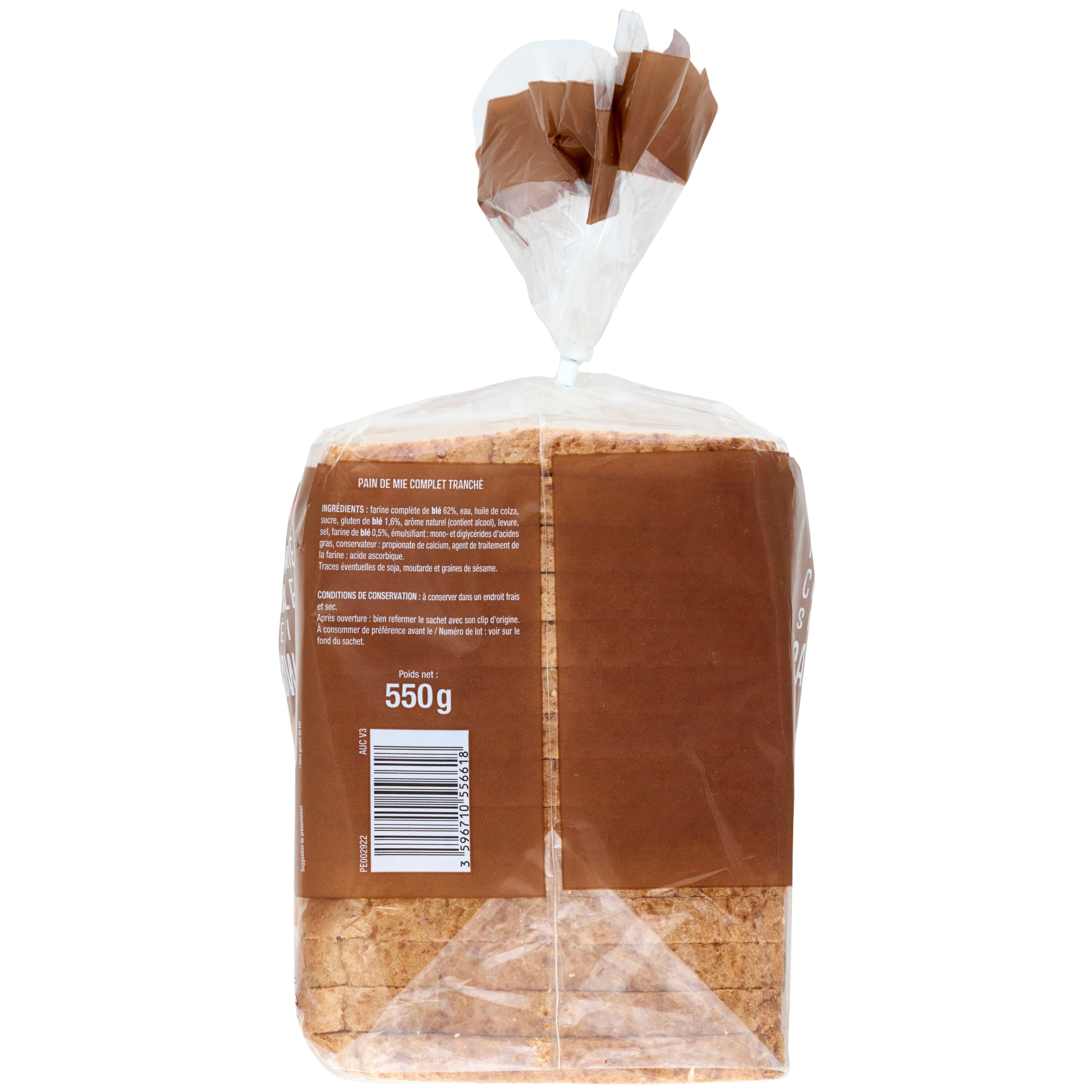 Voir la diapositive 2 : AUCHAN Pain de mie complet grandes tranches spécial sandwich 12 tranches 550g