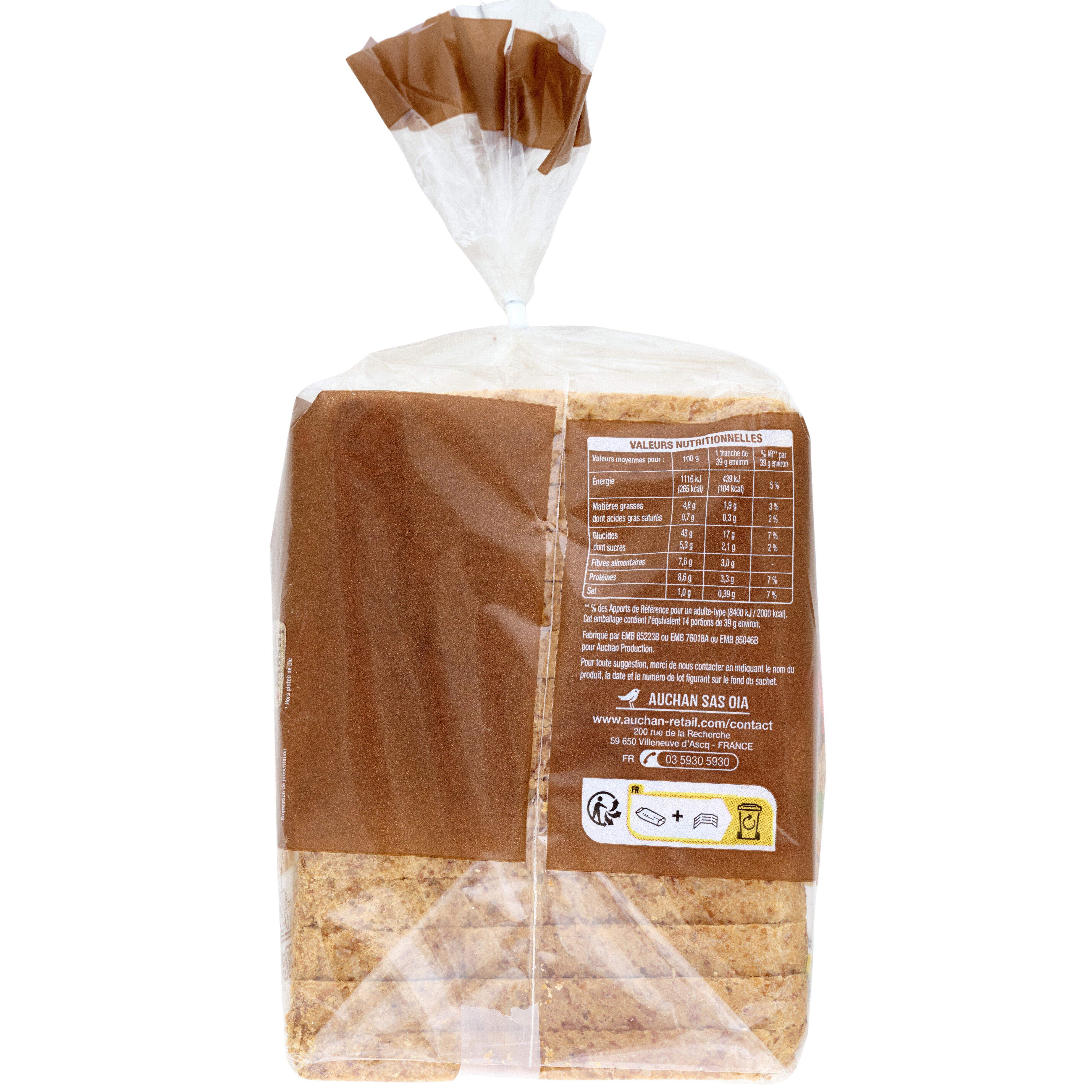 Voir la diapositive 3 : AUCHAN Pain de mie complet grandes tranches spécial sandwich 12 tranches 550g