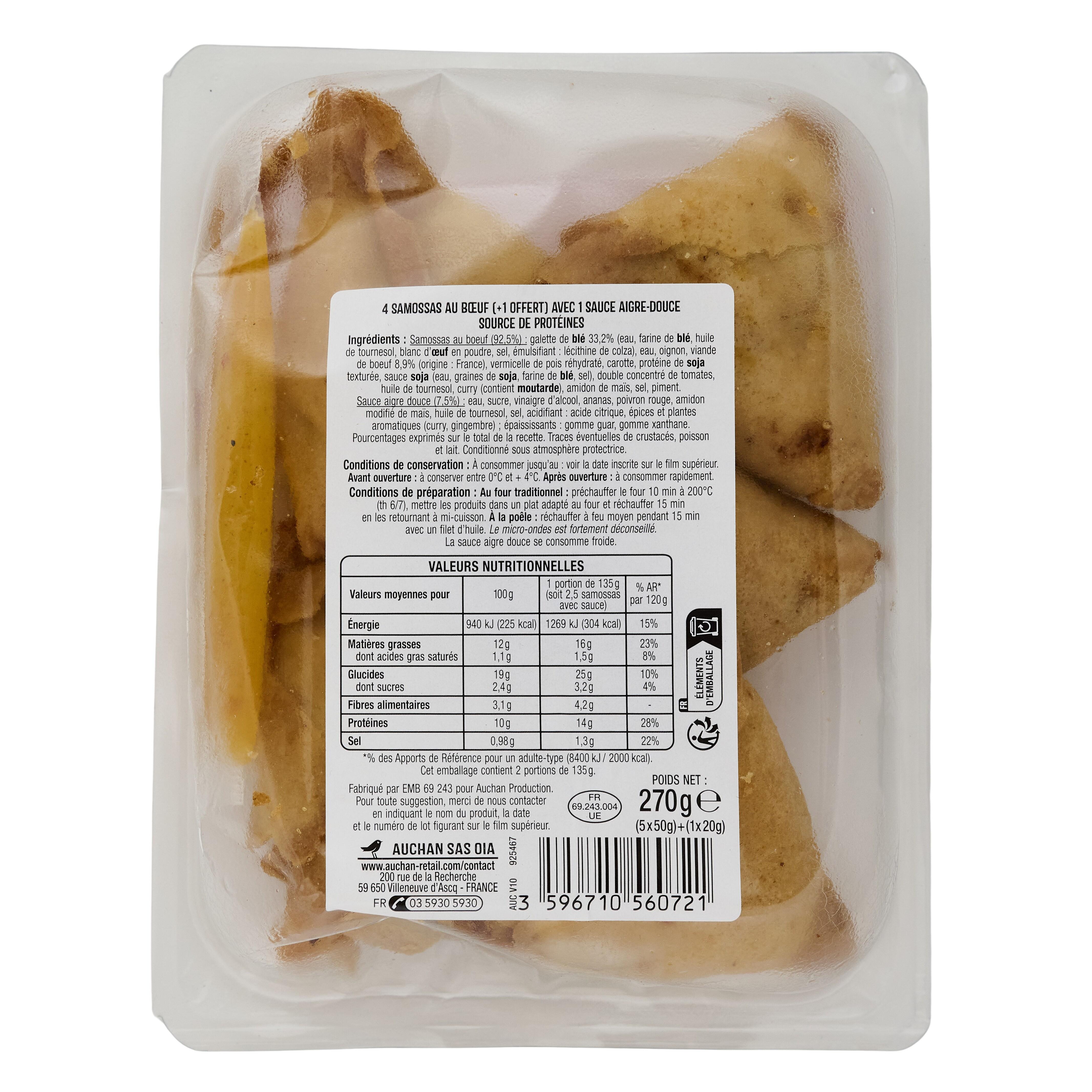 Voir la diapositive 2 : AUCHAN Samossas de boeuf avec sauce 270g format promo