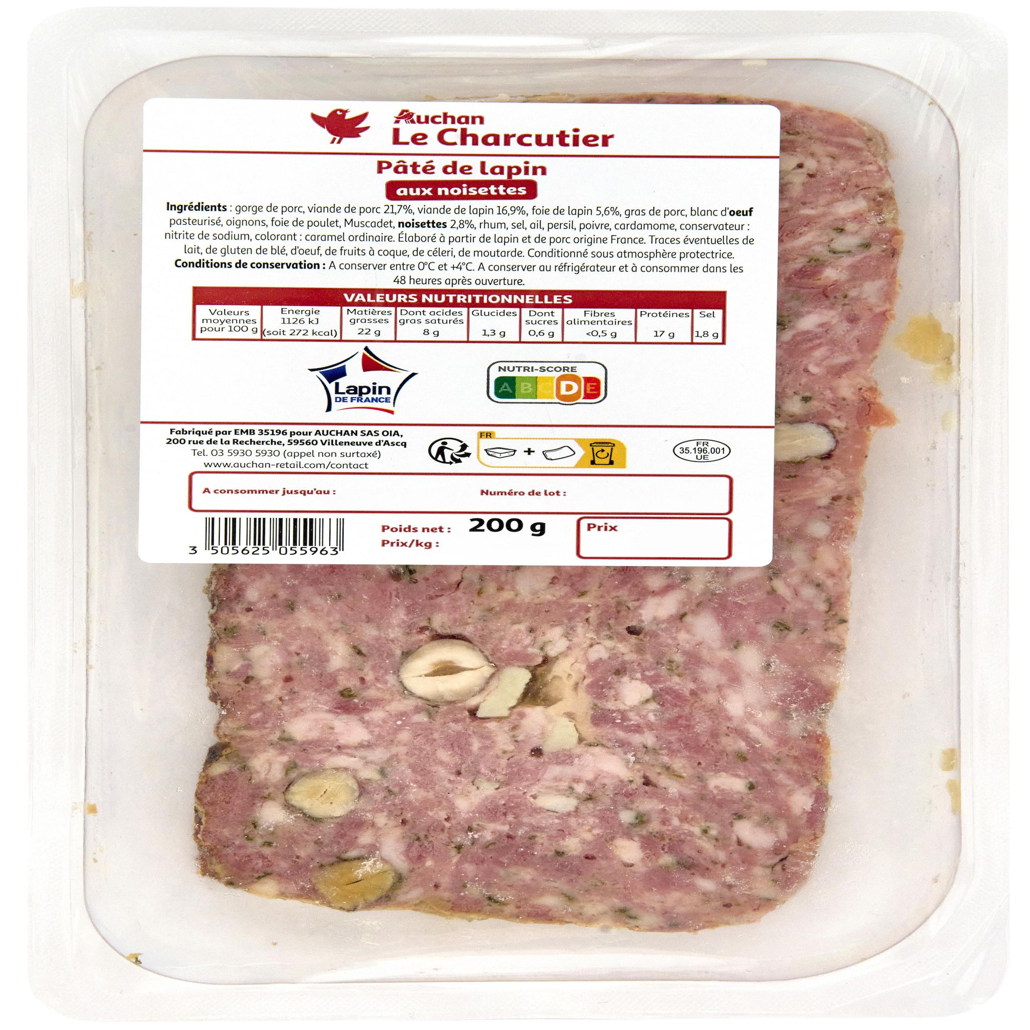 AUCHAN LE CHARCUTIER Terrine de lapin aux noisettes 200g