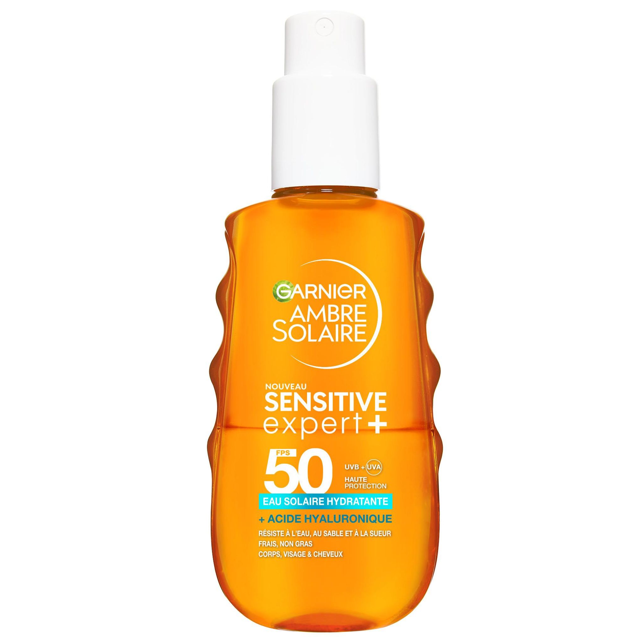 GARNIER Ambre Solaire Sensitive Expert+ eau solaire hydratante spray FPS50 +acide hyaluronique corps visage cheveux 150ml