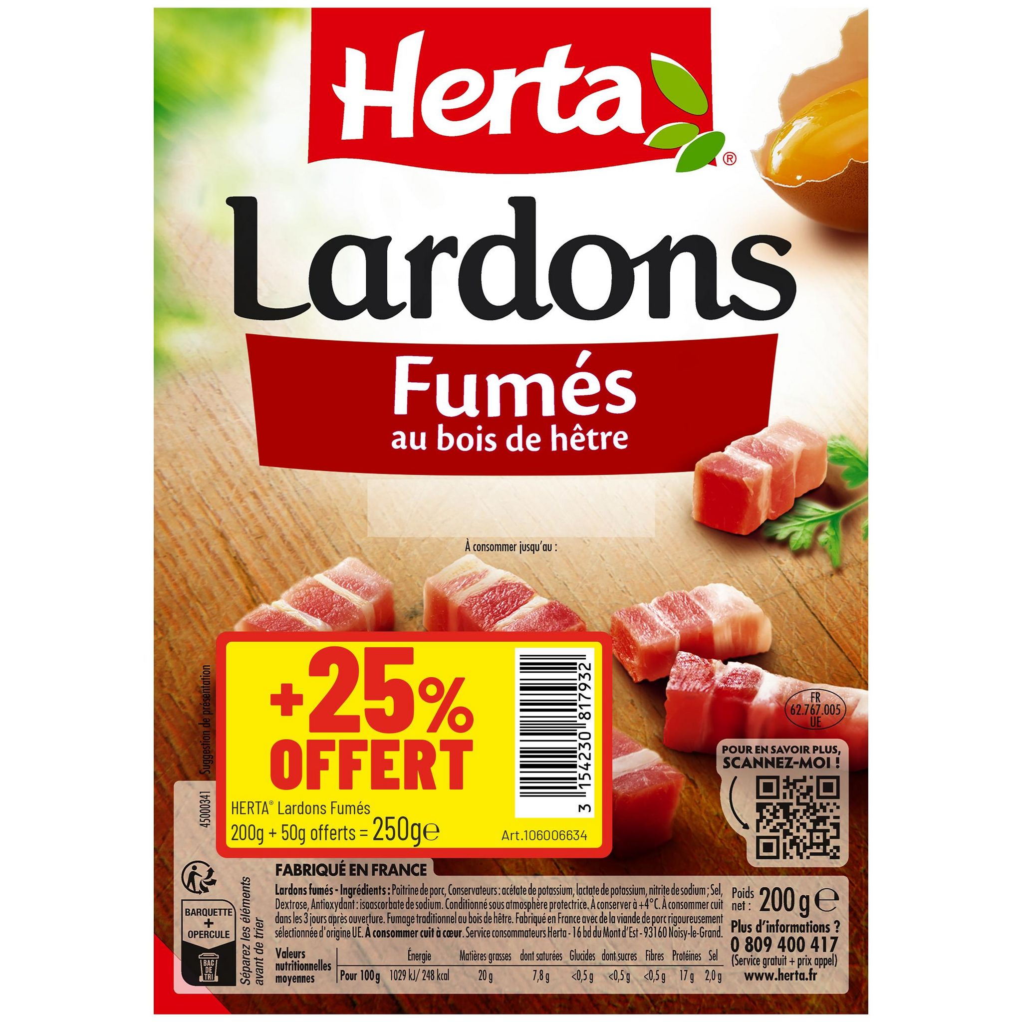HERTA Lardons fumés 200g+25% offert