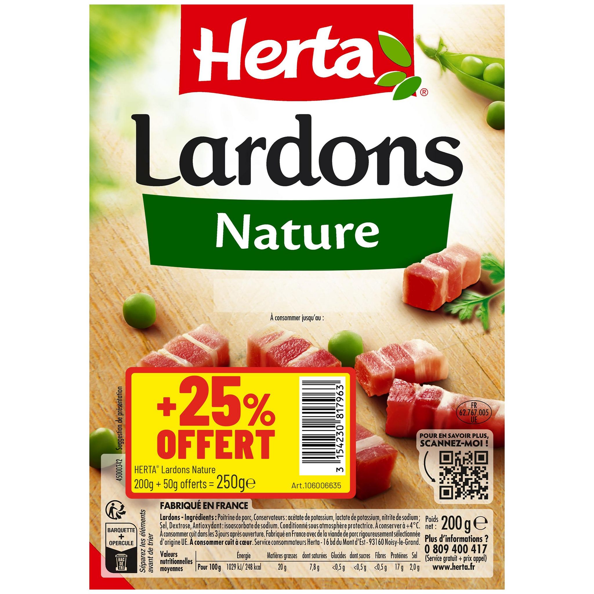 HERTA Lardons nature 200g+25%offert