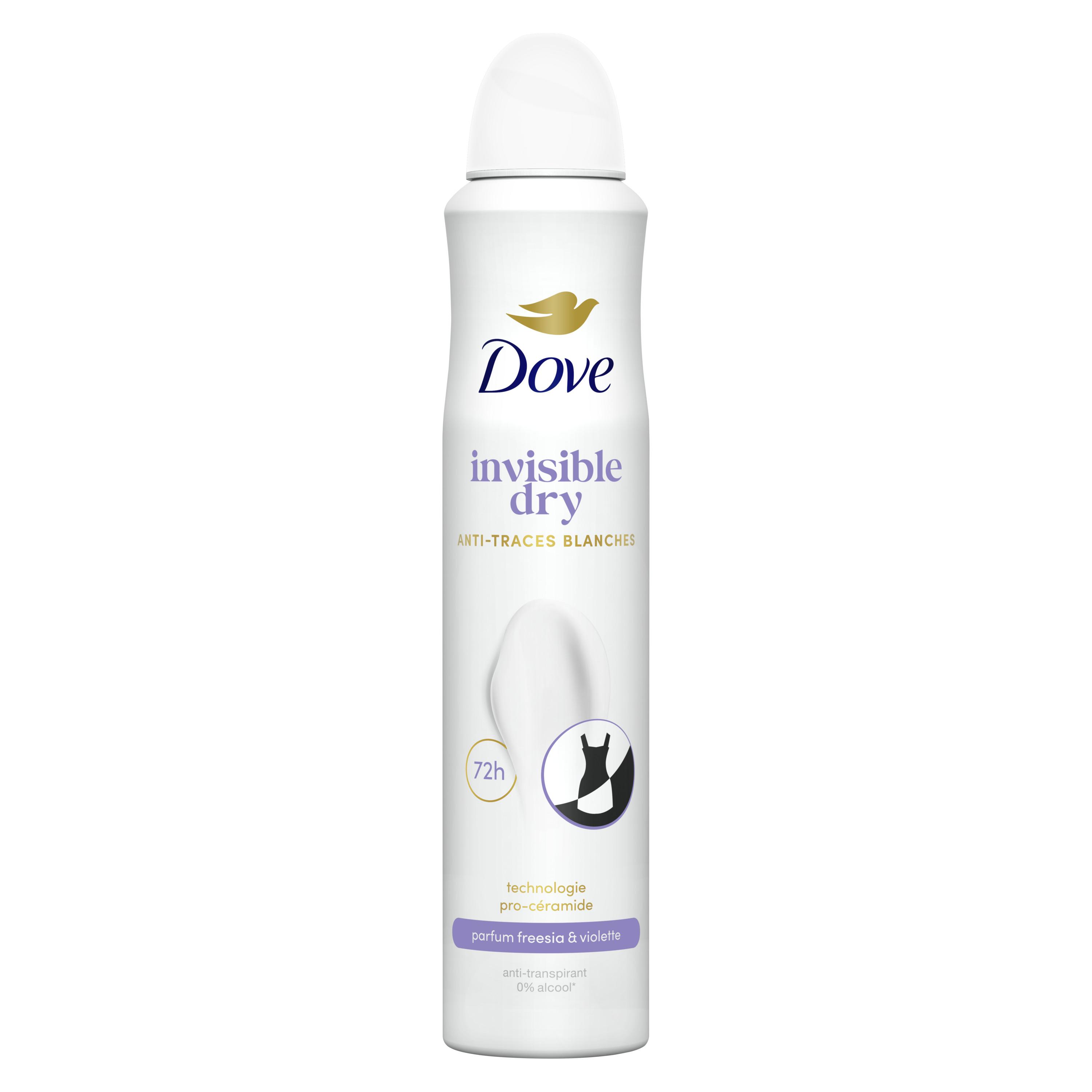 Voir la diapositive 2 : DOVE Déodorant spray invisible dry anti-traces blanches parfum freesia et violette 200ml