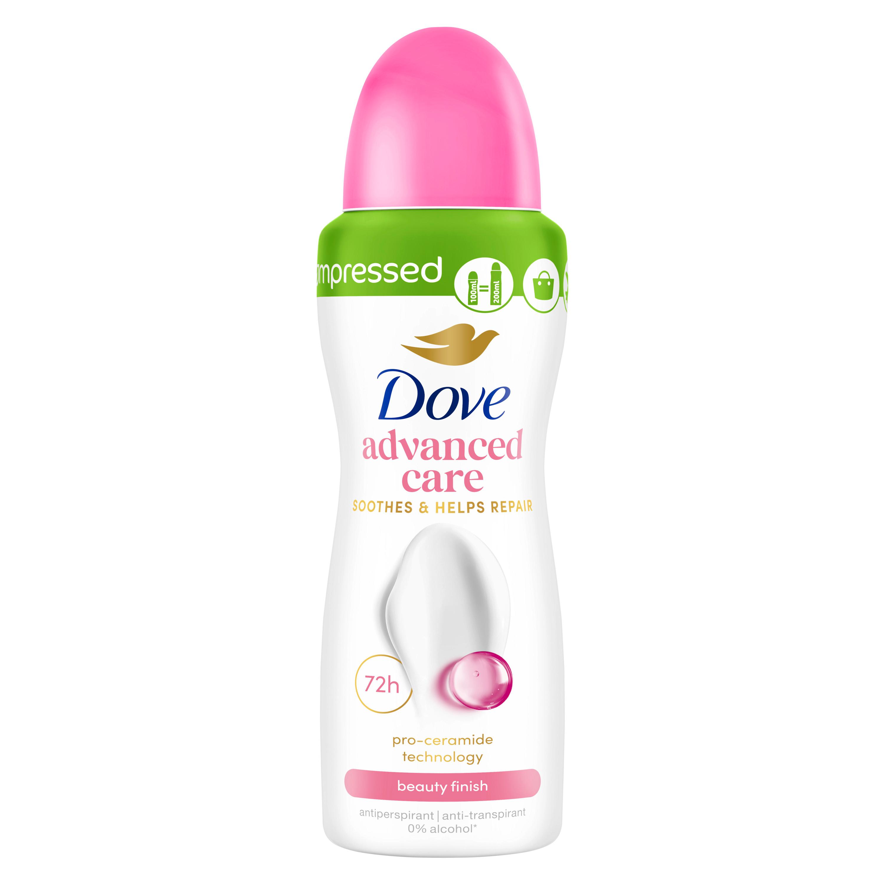 Voir la diapositive 2 : DOVE Déodorant spray compressé advanced care 72H beauty finish 100ml
