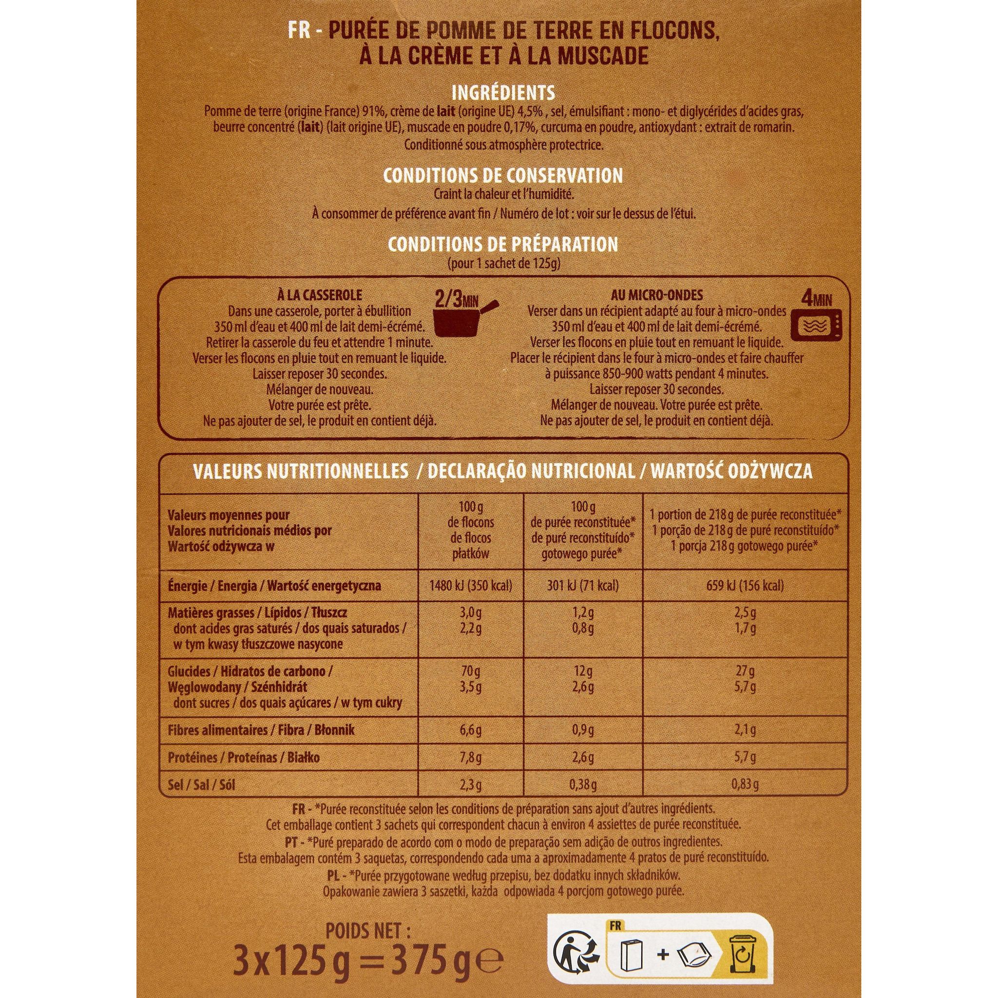 Voir la diapositive 2 : AUCHAN Purée saveur d'autrefois à la crème et à la muscade 3x4 portions 3x125g