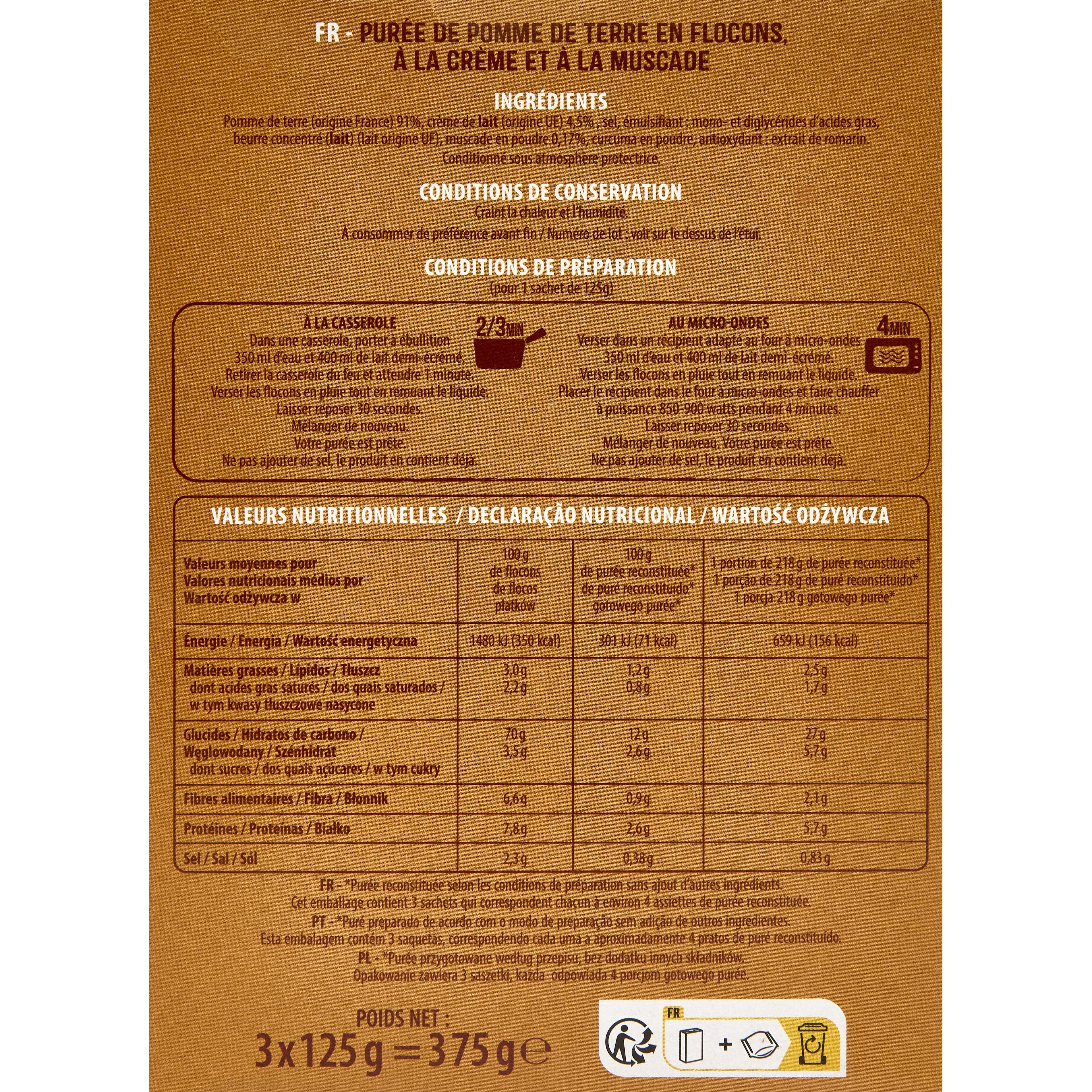 Voir la diapositive 3 : AUCHAN Purée saveur d'autrefois à la crème et à la muscade 3x4 portions 3x125g